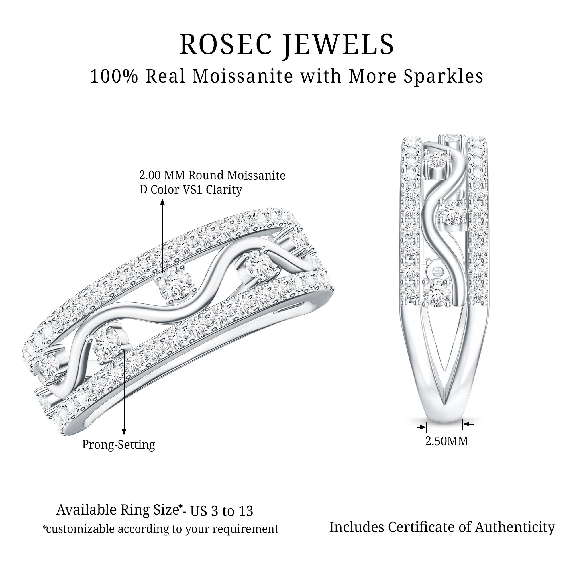 Certified Moissanite Wedding Anniversary Band for Her D-VS1 - Rosec Jewels