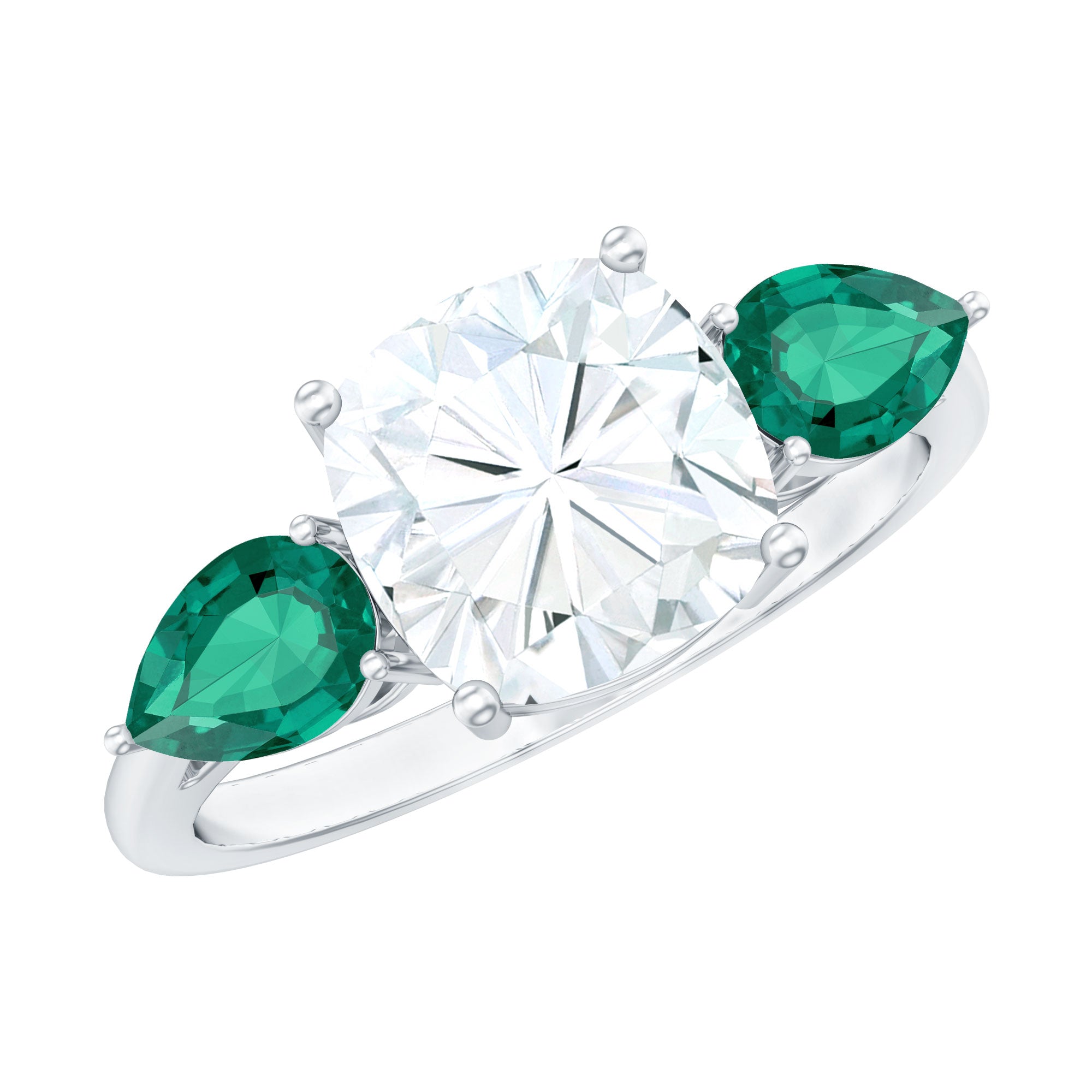 3 CT Moissanite Three Stone Engagement Ring With Emerald D-VS1 - Rosec Jewels