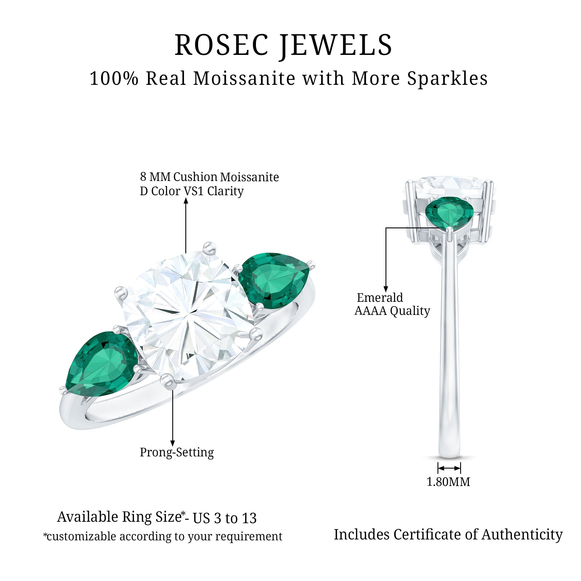 3 CT Moissanite Three Stone Engagement Ring With Emerald D-VS1 - Rosec Jewels