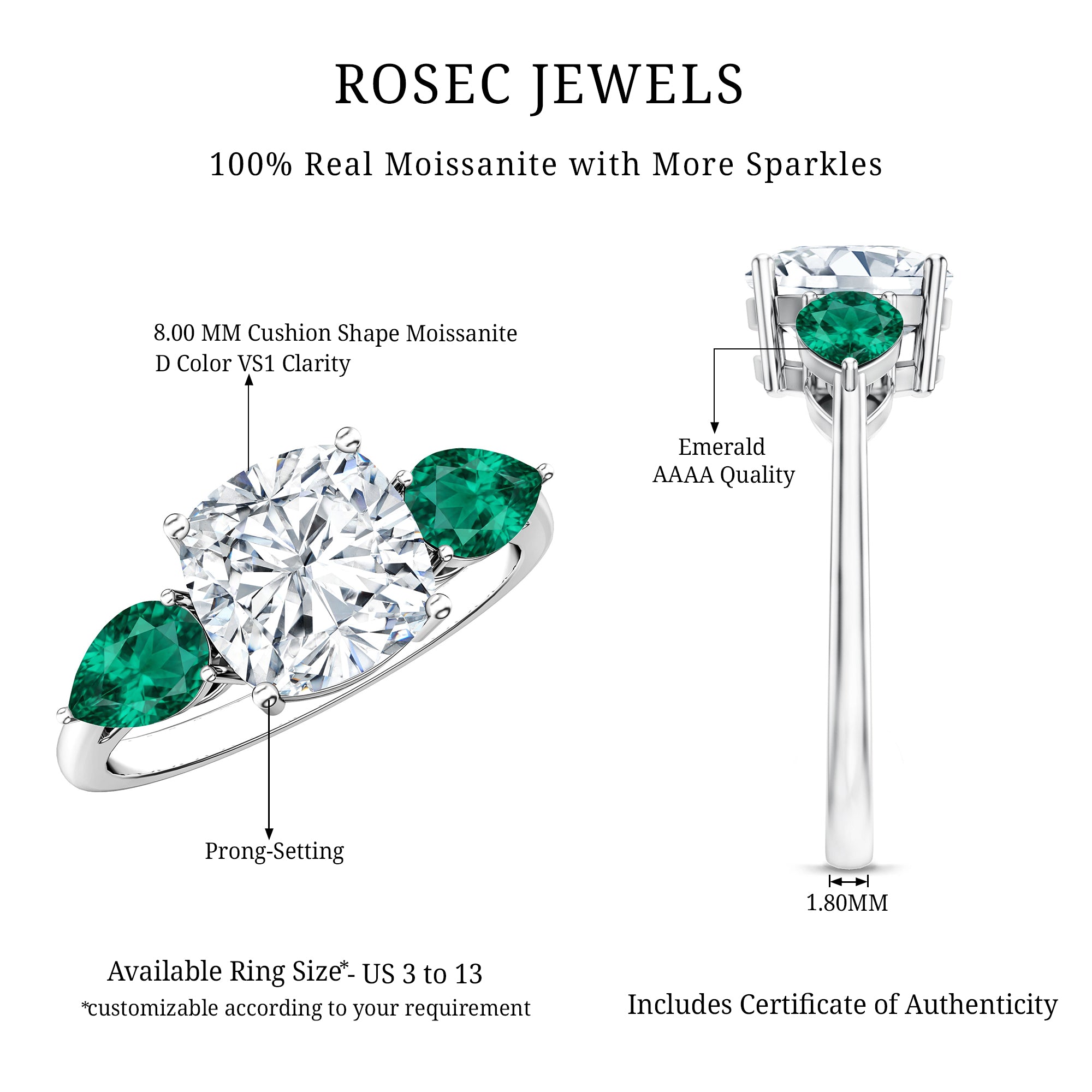 3 CT Moissanite Three Stone Engagement Ring With Emerald D-VS1 - Rosec Jewels