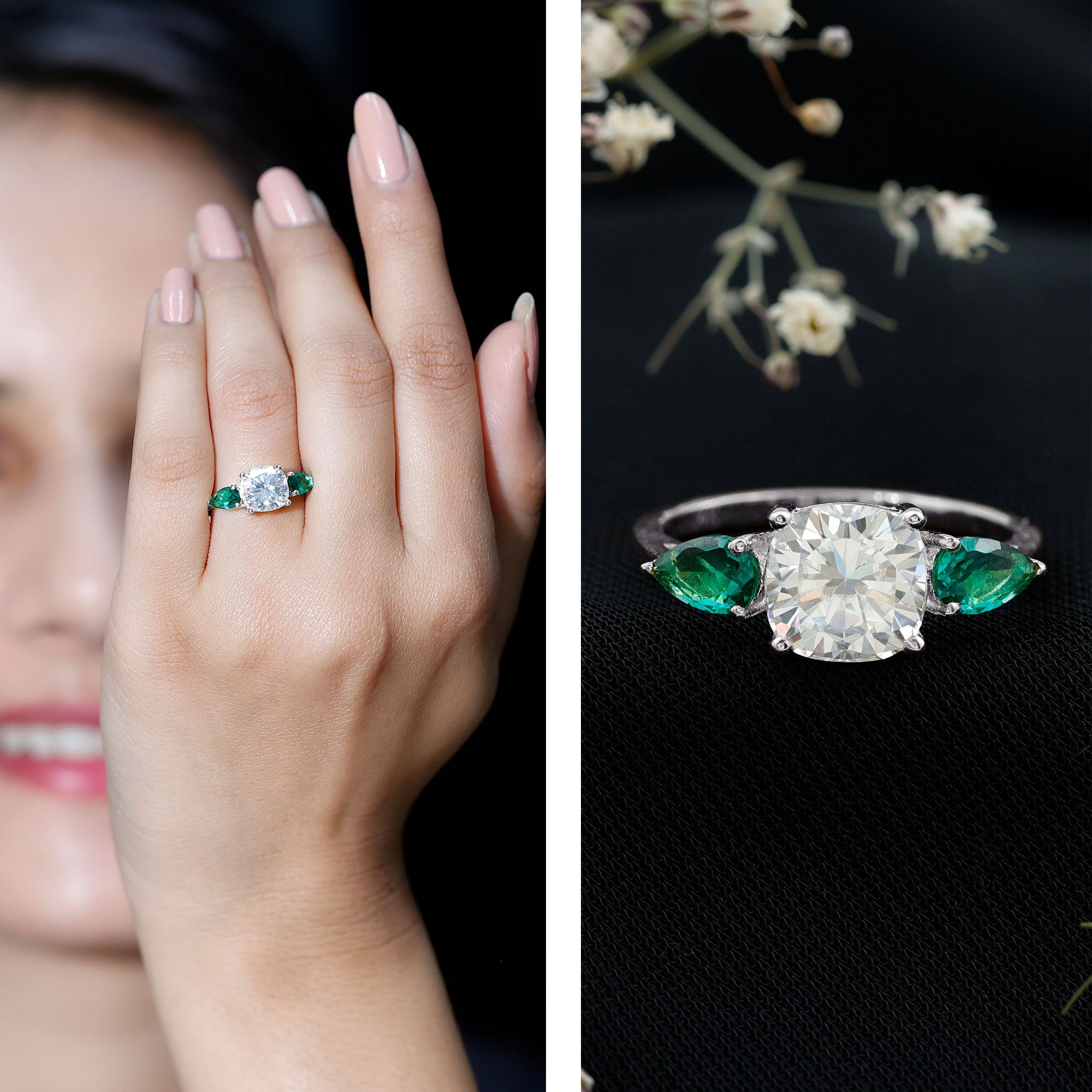 3 CT Moissanite Three Stone Engagement Ring With Emerald D-VS1 - Rosec Jewels