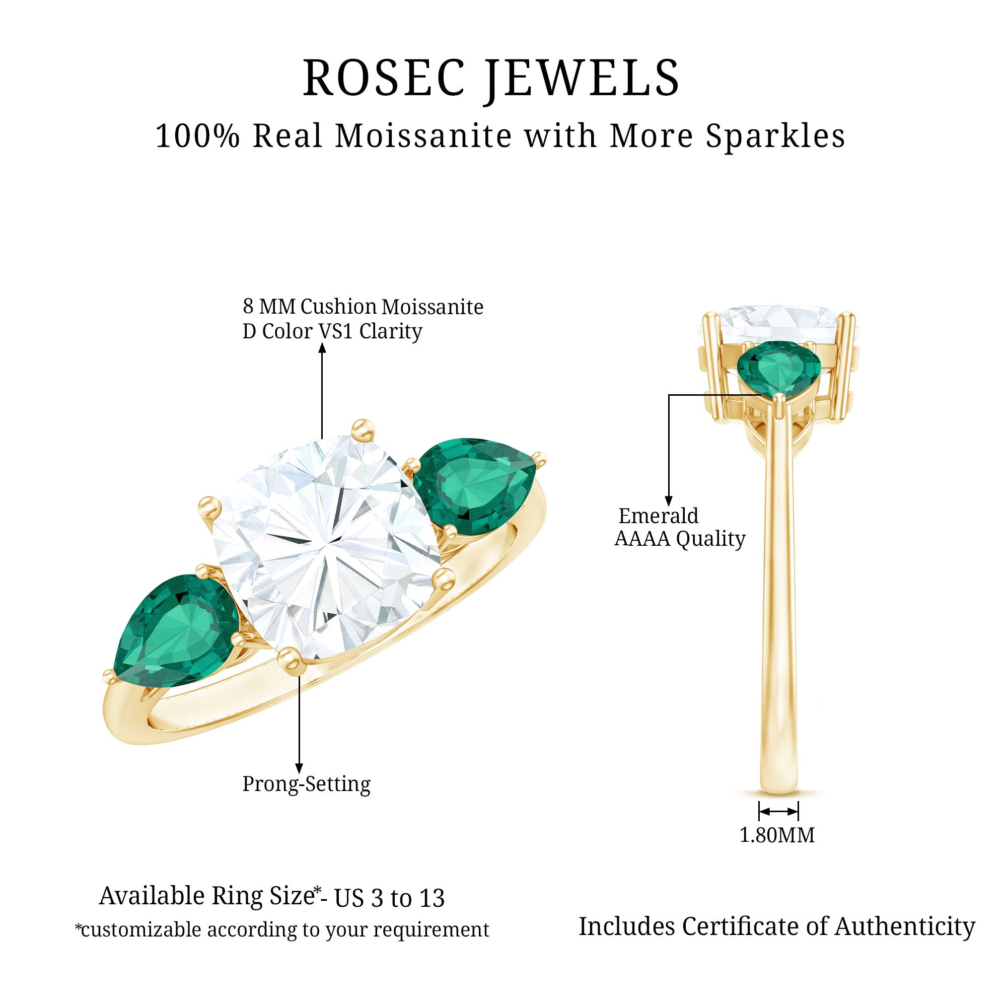 3 CT Moissanite Three Stone Engagement Ring With Emerald D-VS1 - Rosec Jewels
