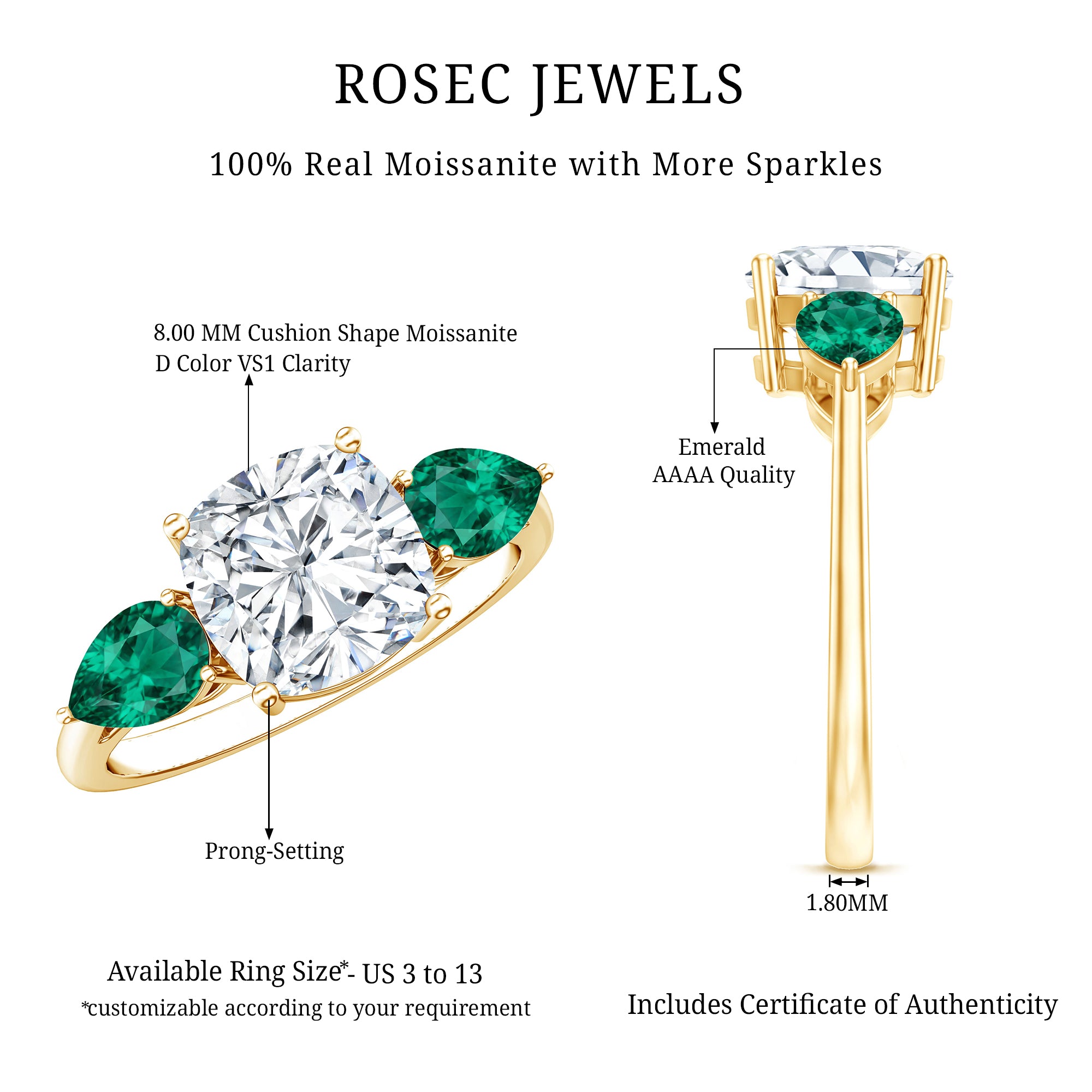 3 CT Moissanite Three Stone Engagement Ring With Emerald D-VS1 - Rosec Jewels