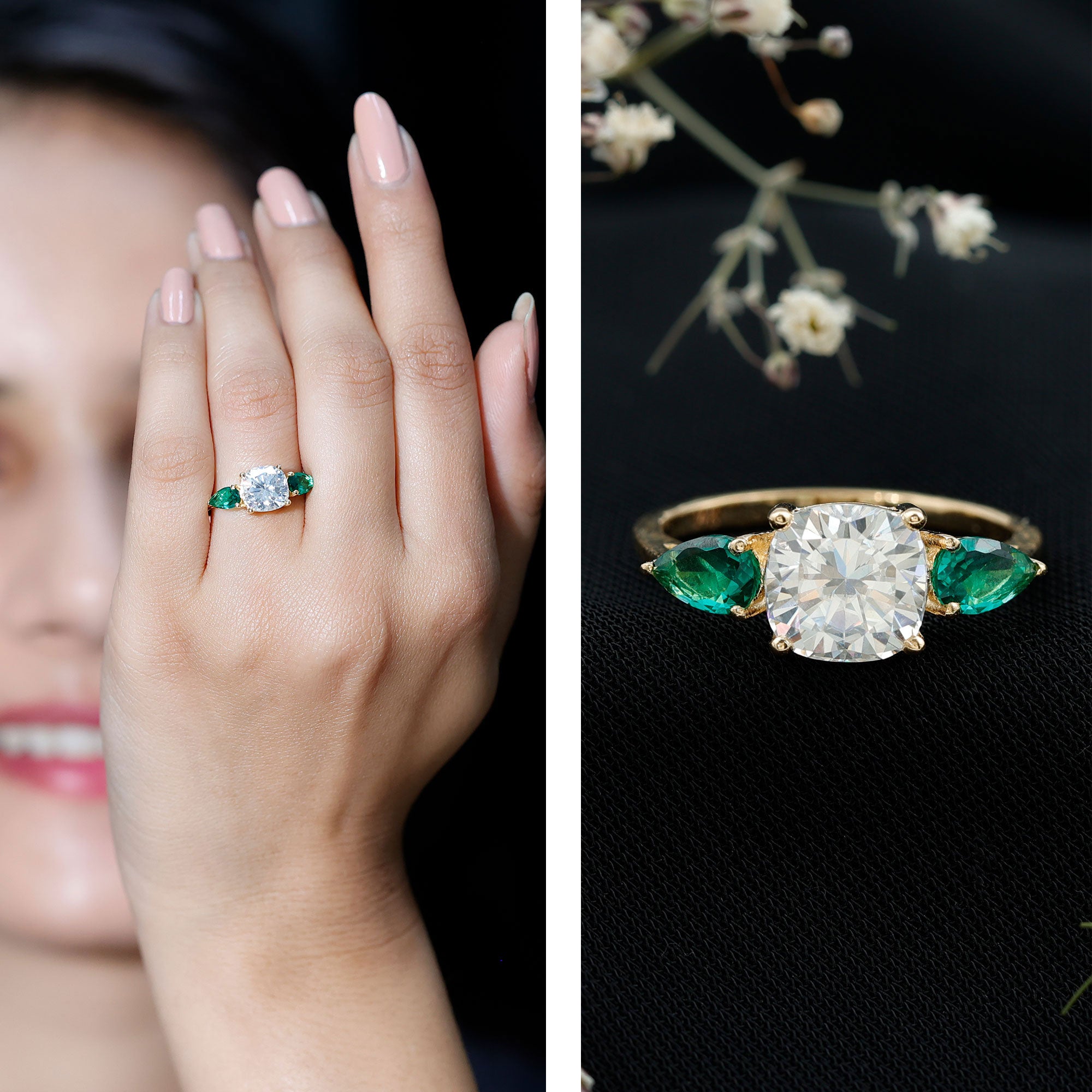 3 CT Moissanite Three Stone Engagement Ring With Emerald D-VS1 - Rosec Jewels