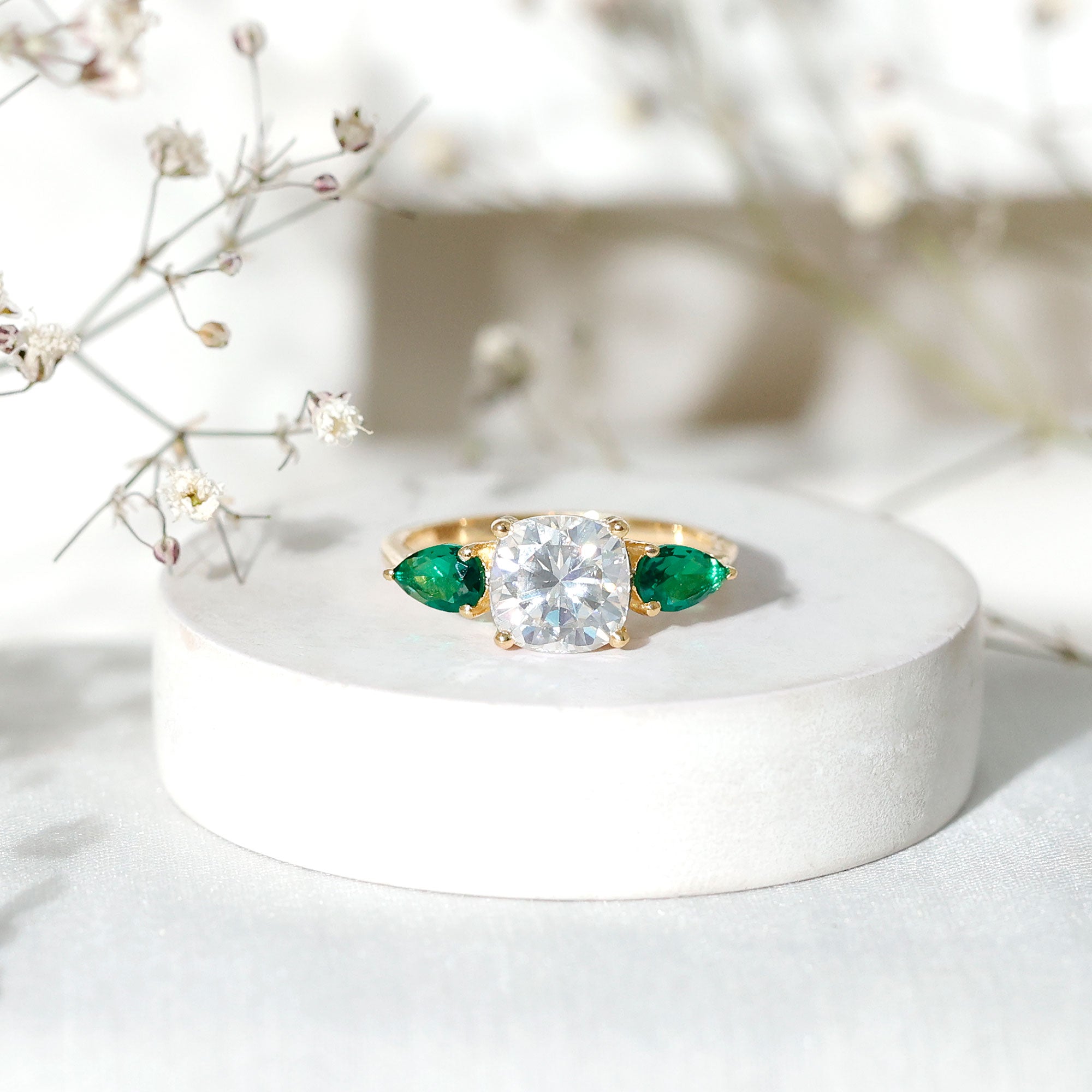3 CT Moissanite Three Stone Engagement Ring With Emerald D-VS1 - Rosec Jewels