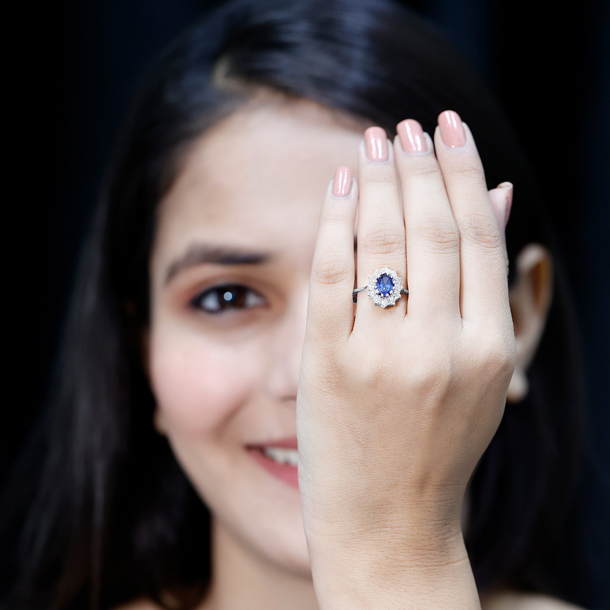 Rosec Jewels-Certified 1.5 Carat Oval Lab Grown Blue Sapphire Princess Diana Engagement Ring with Diamond