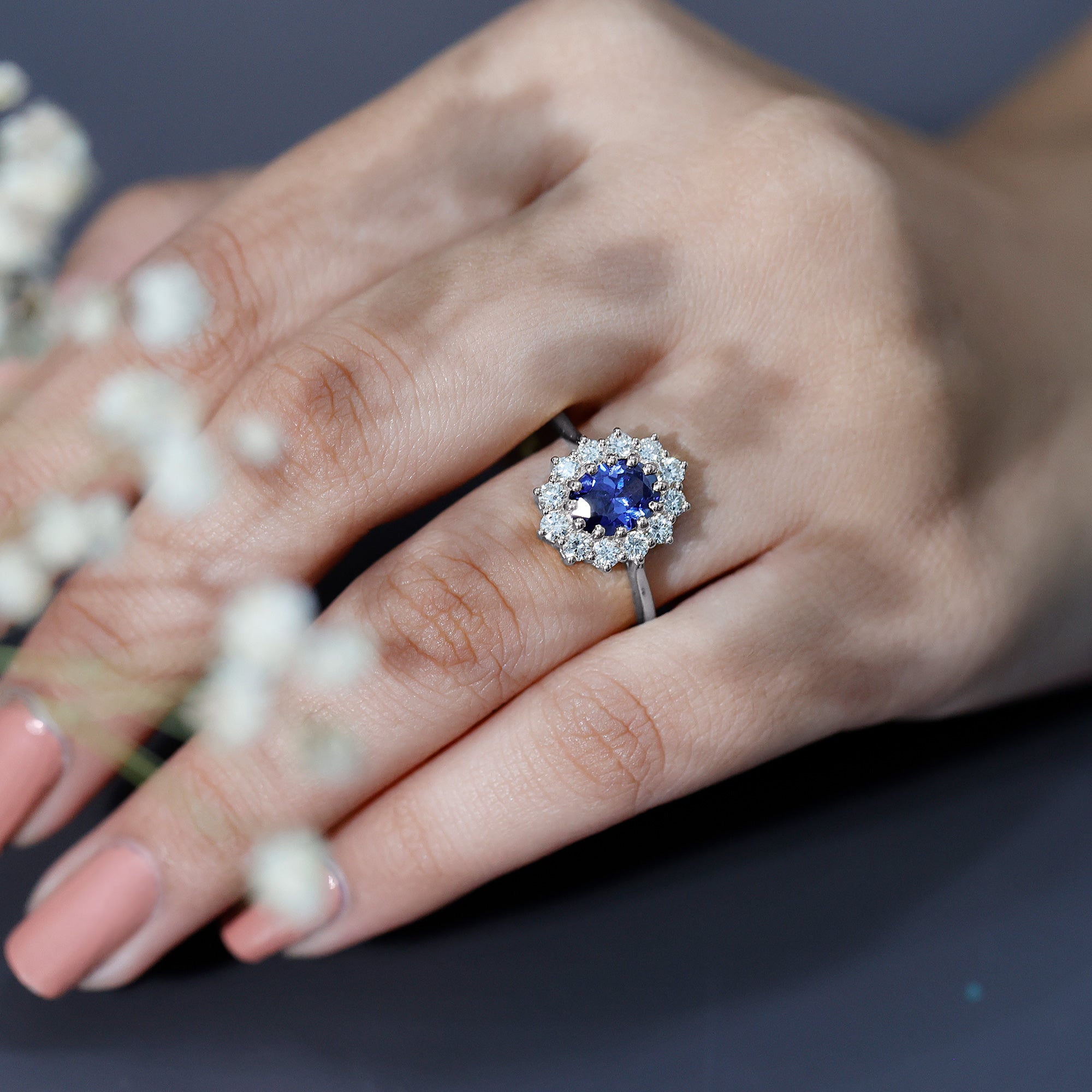 Rosec Jewels-Certified 1.5 Carat Oval Lab Grown Blue Sapphire Princess Diana Engagement Ring with Diamond
