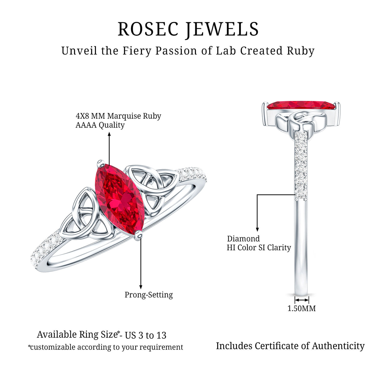 0.75 Carat Lab Grown Ruby Celtic Knot Ring with Diamond AAAA - Rosec Jewels