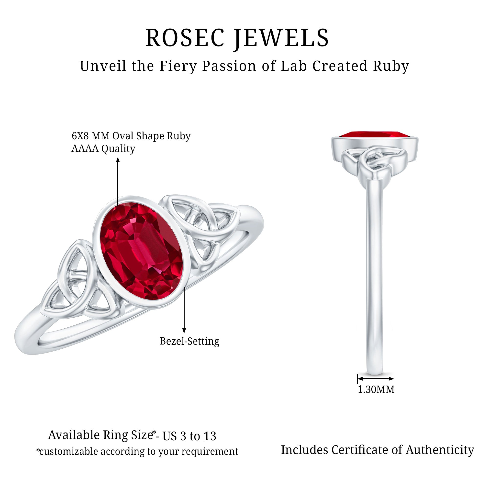 Oval Shaped 1.5 Carat Lab Grown Ruby Celtic Engagement Ring in Bezel Setting AAAA - Rosec Jewels