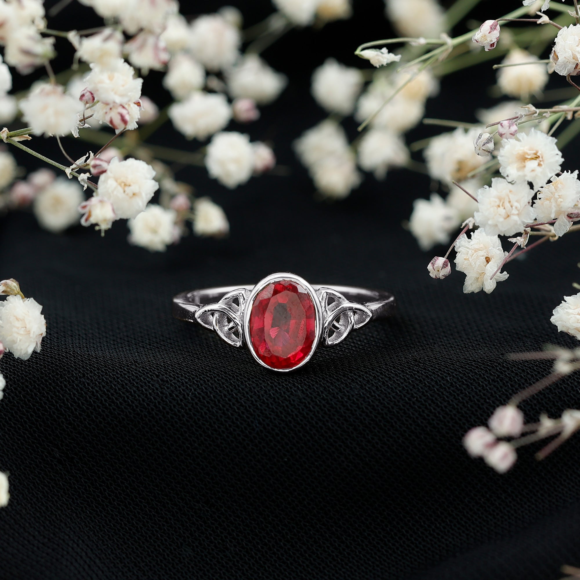 Oval Shaped 1.5 Carat Lab Grown Ruby Celtic Engagement Ring in Bezel Setting AAAA - Rosec Jewels