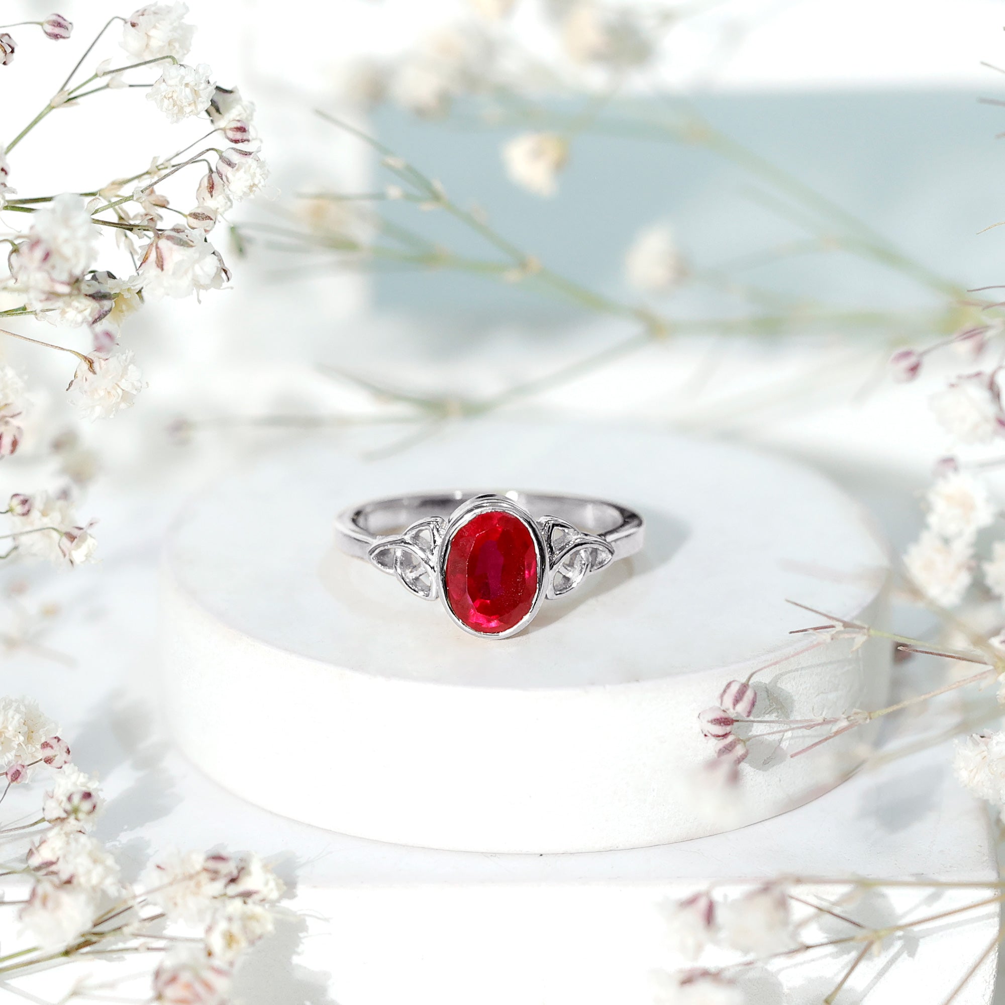 Oval Shaped 1.5 Carat Lab Grown Ruby Celtic Engagement Ring in Bezel Setting AAAA - Rosec Jewels