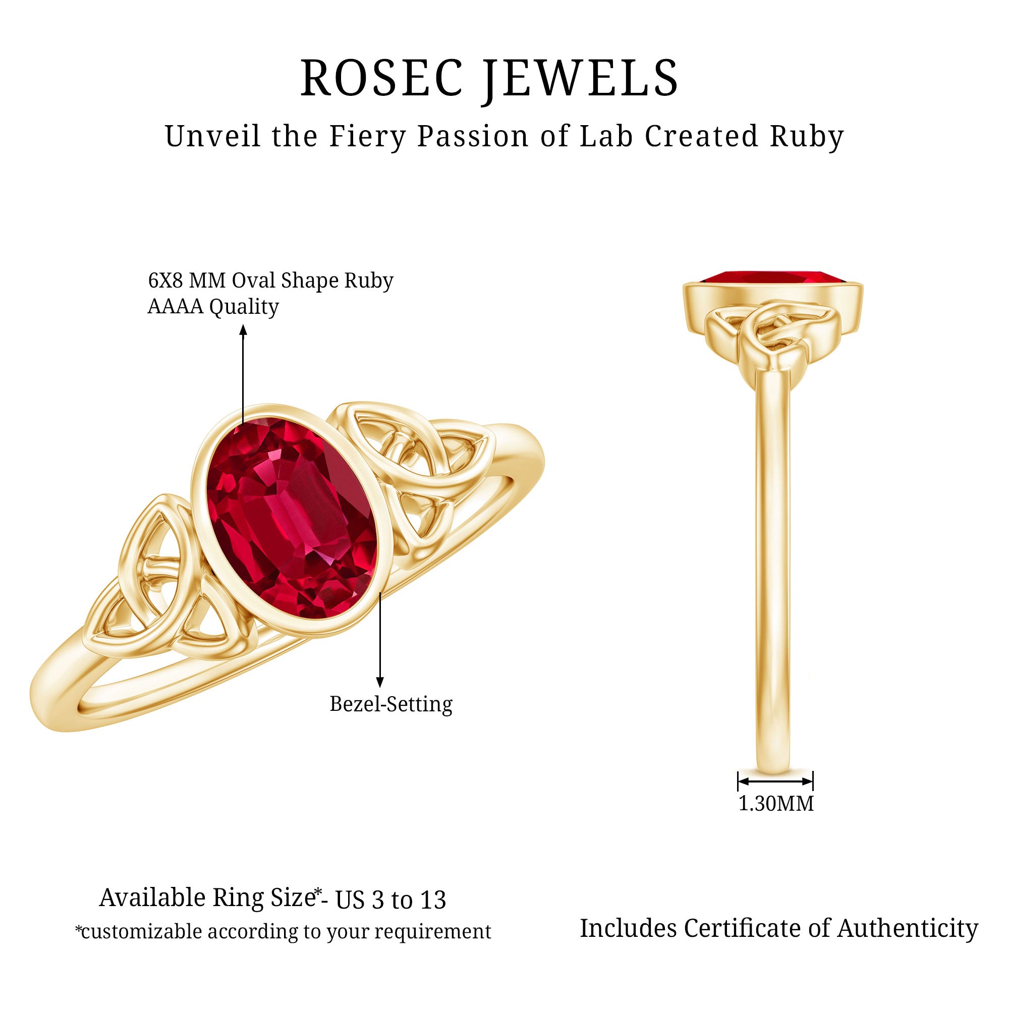 Oval Shaped 1.5 Carat Lab Grown Ruby Celtic Engagement Ring in Bezel Setting AAAA - Rosec Jewels