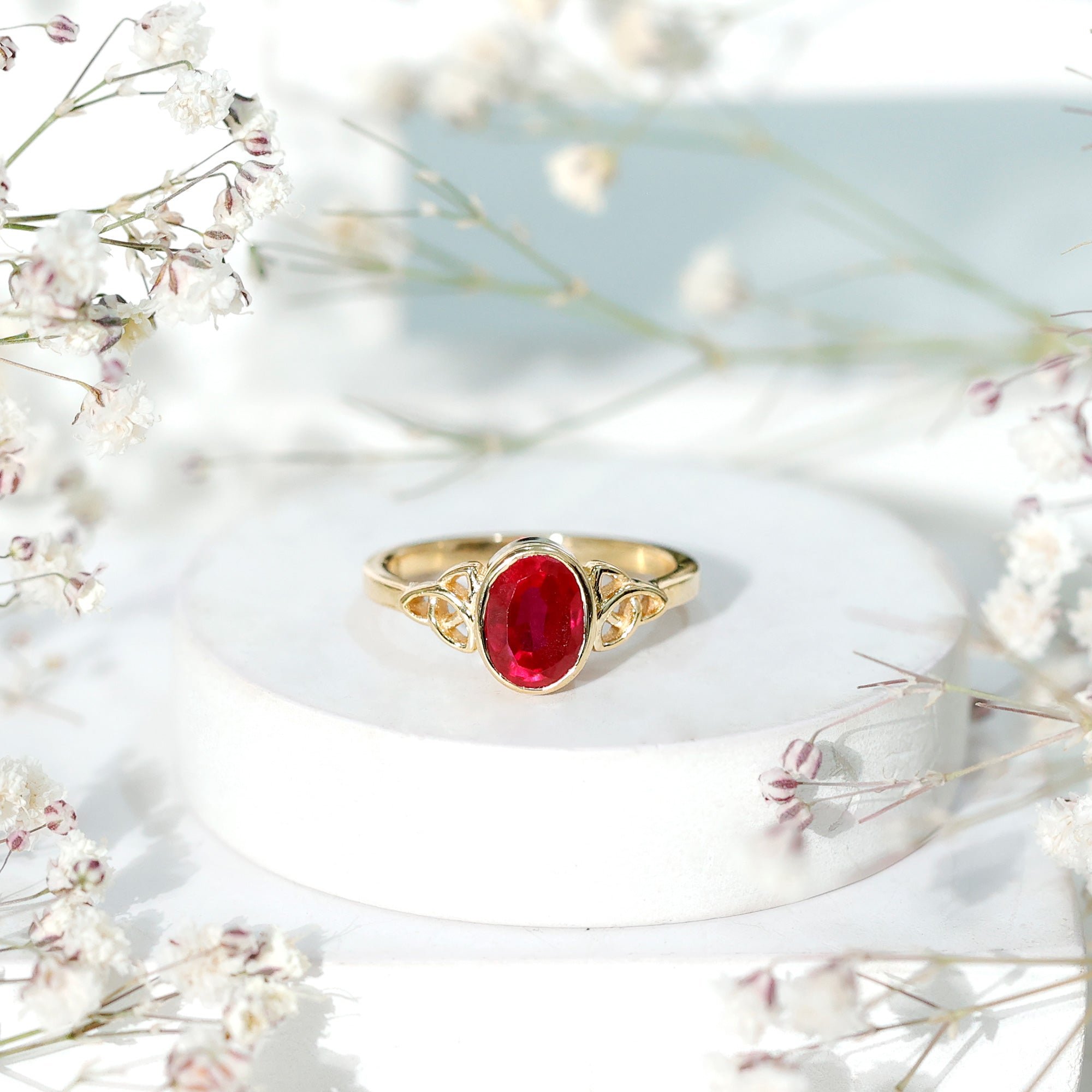 Oval Shaped 1.5 Carat Lab Grown Ruby Celtic Engagement Ring in Bezel Setting AAAA - Rosec Jewels