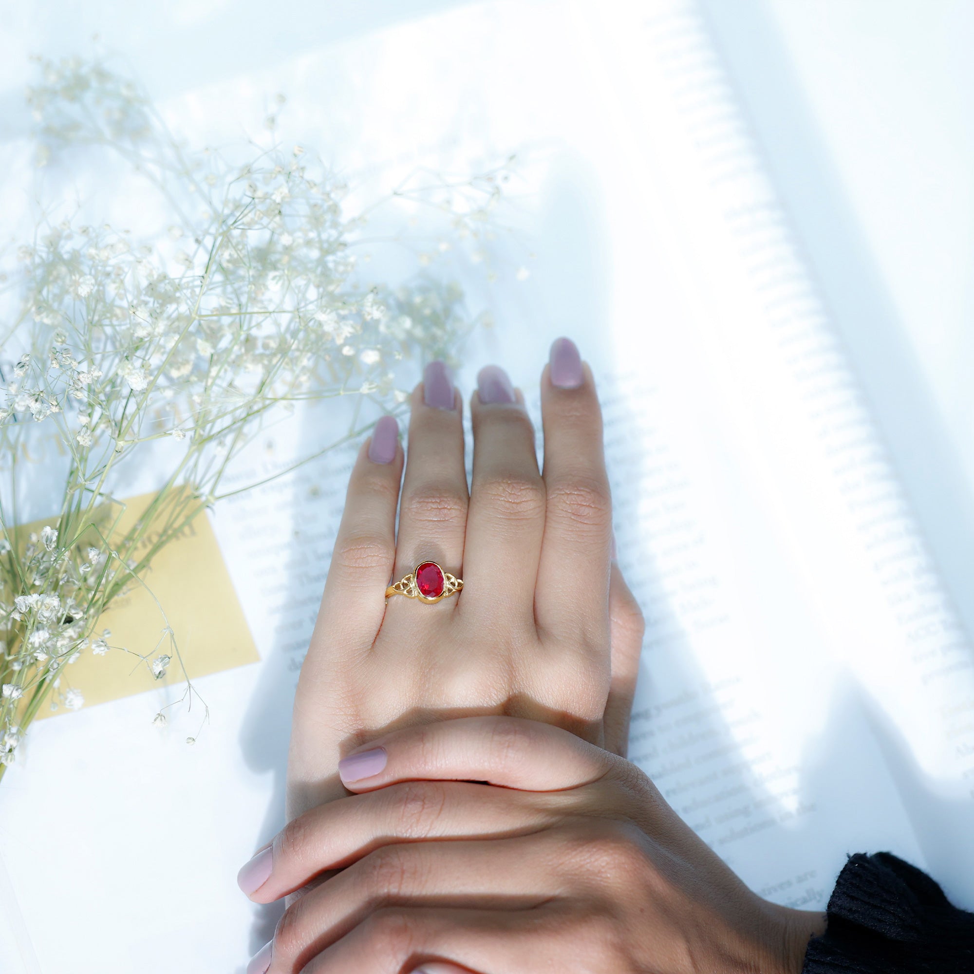 Oval Shaped 1.5 Carat Lab Grown Ruby Celtic Engagement Ring in Bezel Setting AAAA - Rosec Jewels