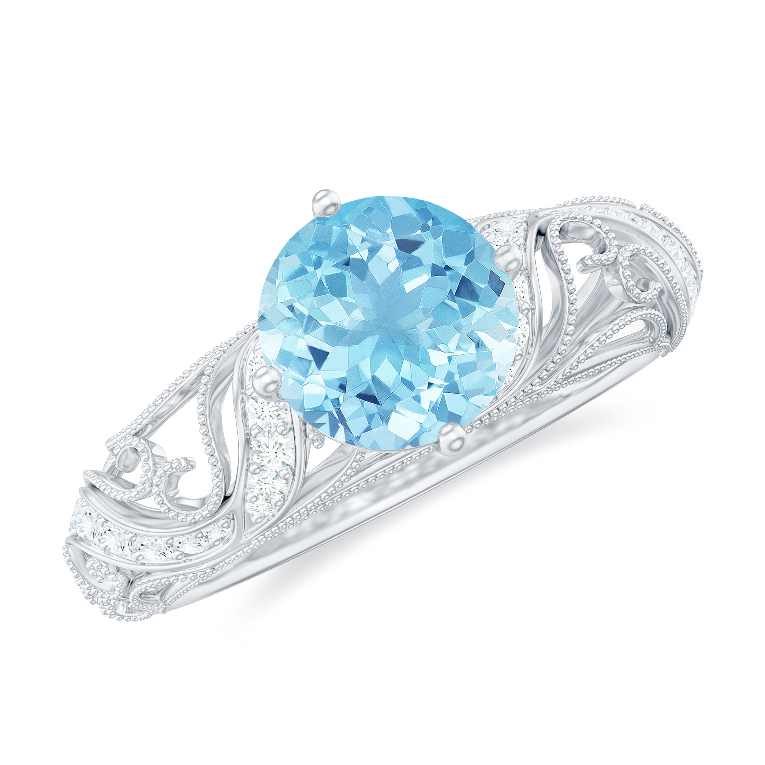 1 CT Vintage Style Aquamarine and Diamond Engagement Ring AAA - Rosec Jewels