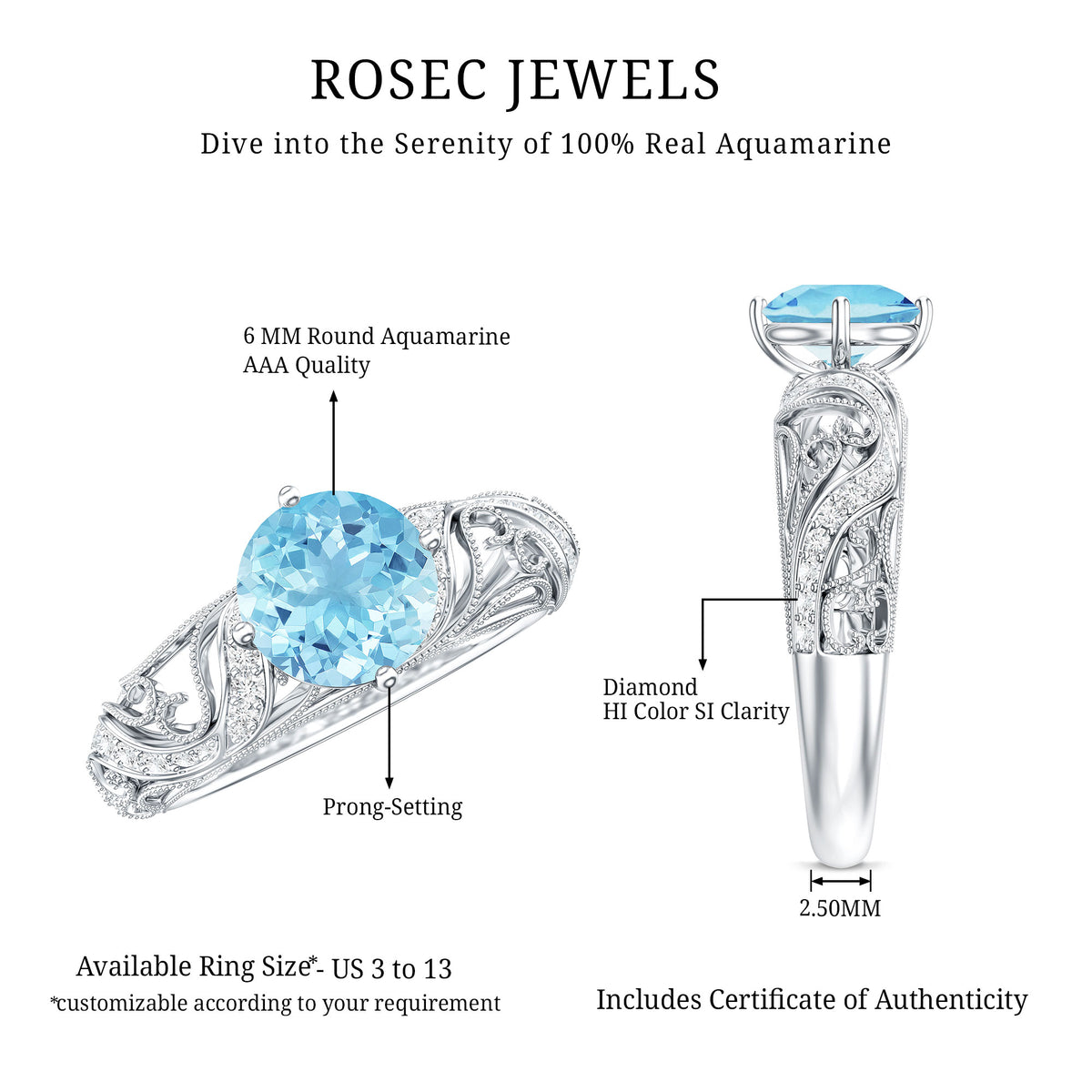 0.8 Carat Vintage Style Aquamarine and Diamond Engagement Ring AAA - Rosec Jewels