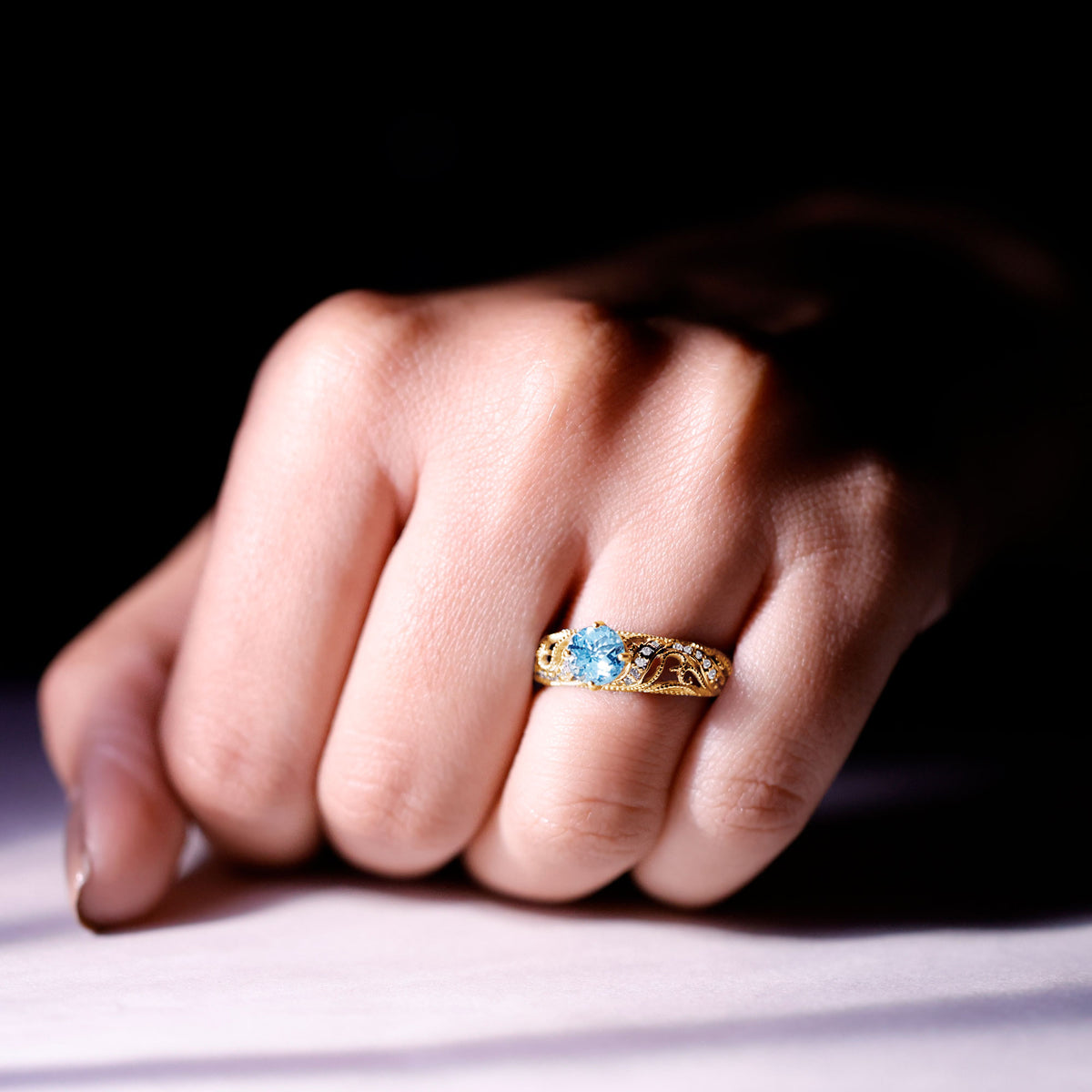 0.8 Carat Vintage Style Aquamarine and Diamond Engagement Ring AAA - Rosec Jewels