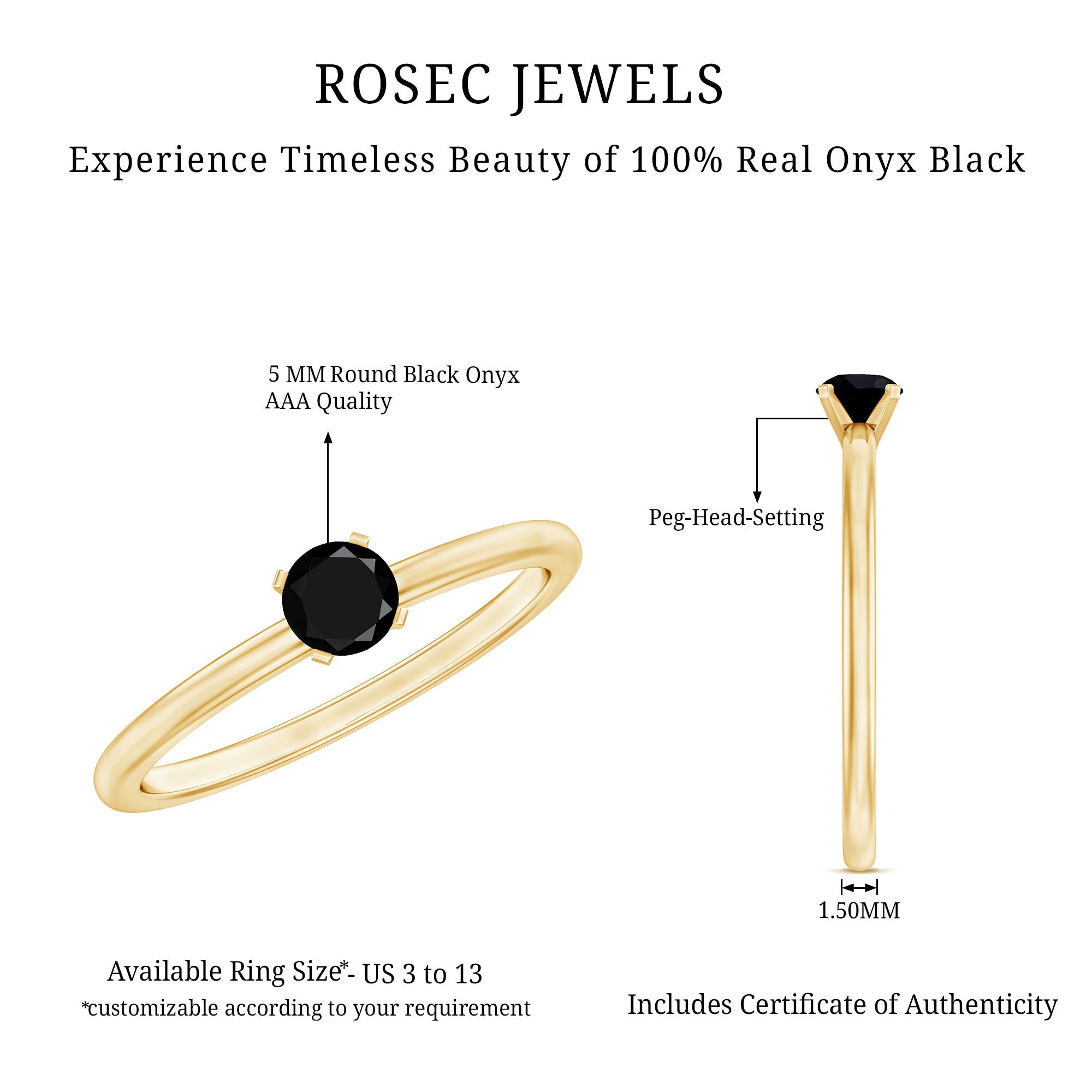 Simple Black Onyx Solitaire Promise Ring for Women AAA - Rosec Jewels