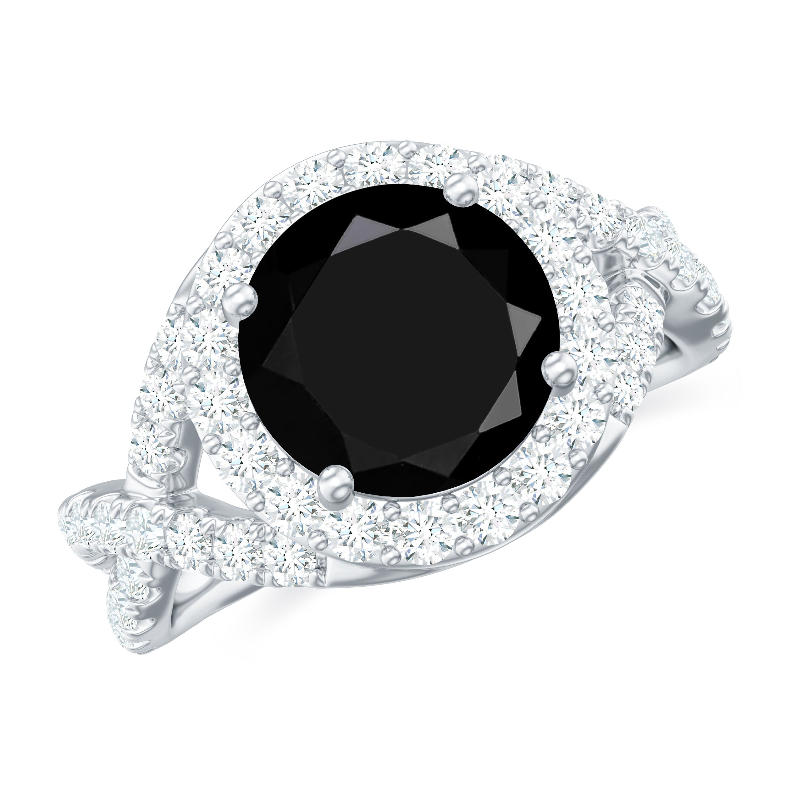 Rosec Jewels-Certified 8 MM Black Onyx Crossover Engagement Ring with Moissanite Halo