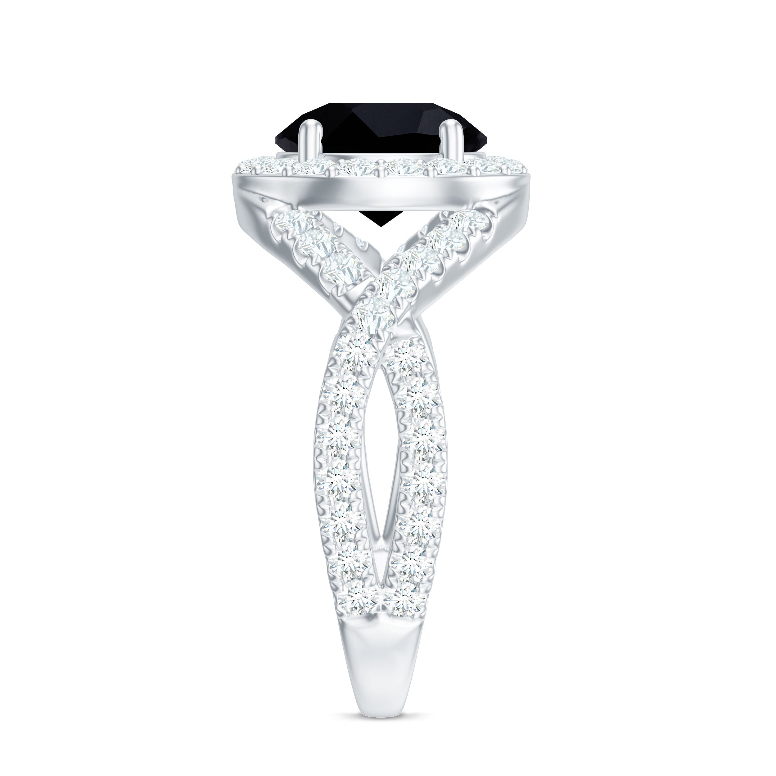 Rosec Jewels-Certified 8 MM Black Onyx Crossover Engagement Ring with Moissanite Halo