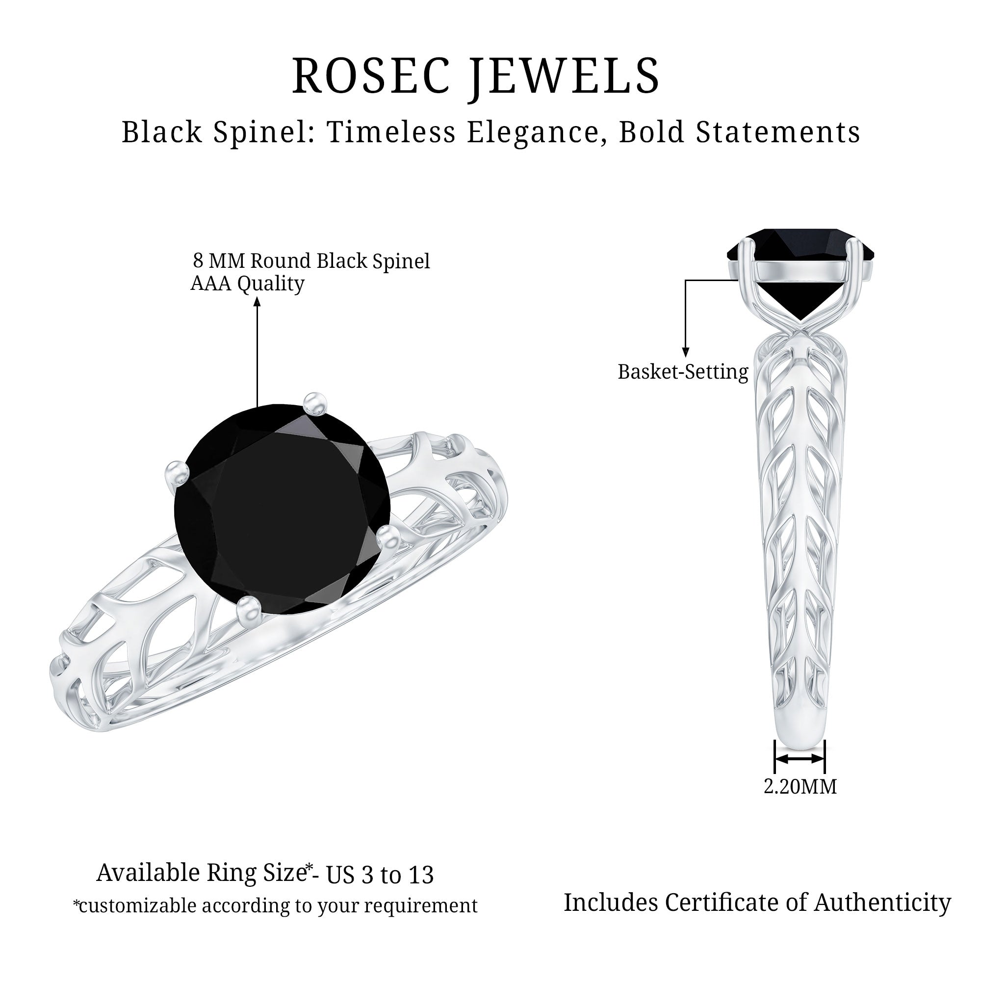 Natural 2.6 Carat Black Spinel Solitaire Engagement Ring for Women AAA - Rosec Jewels