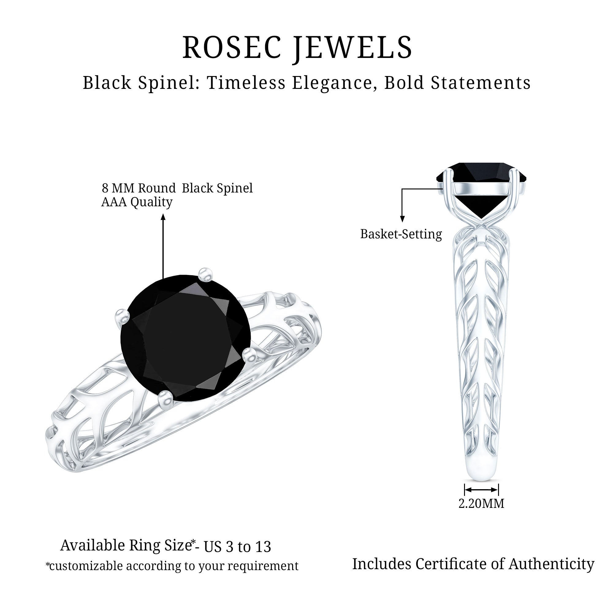 Natural 2.6 Carat Black Spinel Solitaire Engagement Ring for Women AAA - Rosec Jewels