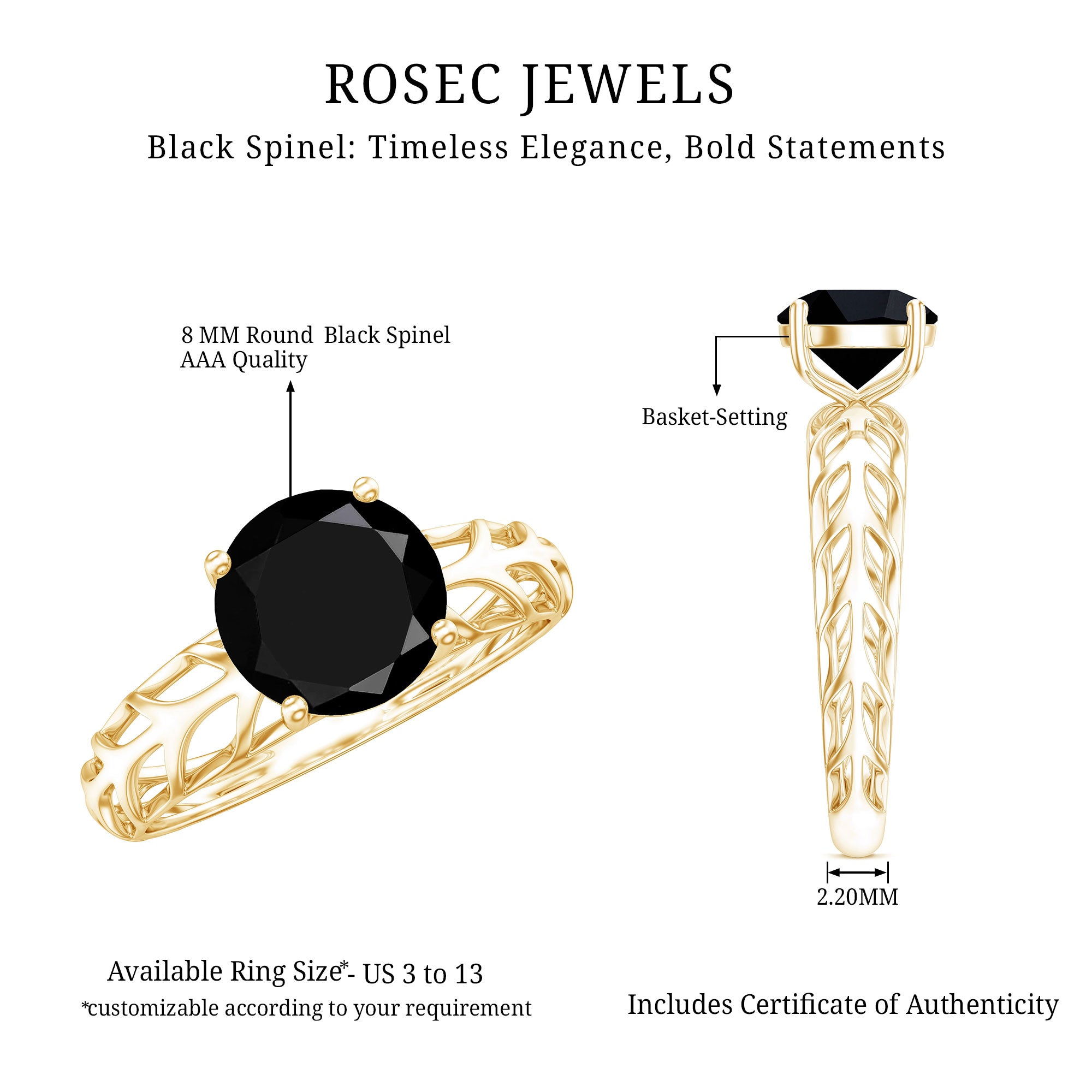 Natural 2.6 Carat Black Spinel Solitaire Engagement Ring for Women AAA - Rosec Jewels