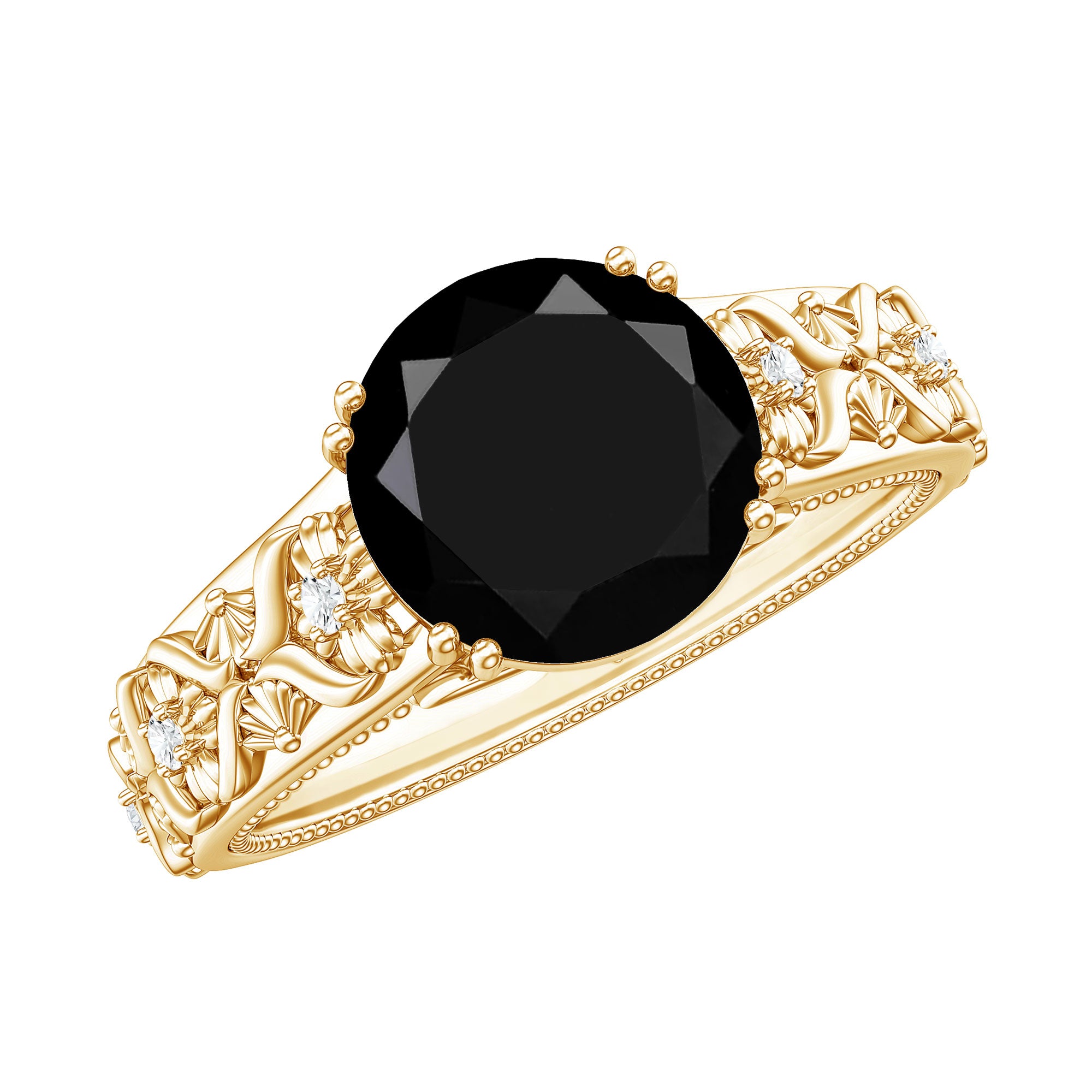 Nature Inspired Black Spinel Solitaire Engagement Ring with Diamond AAA - Rosec Jewels