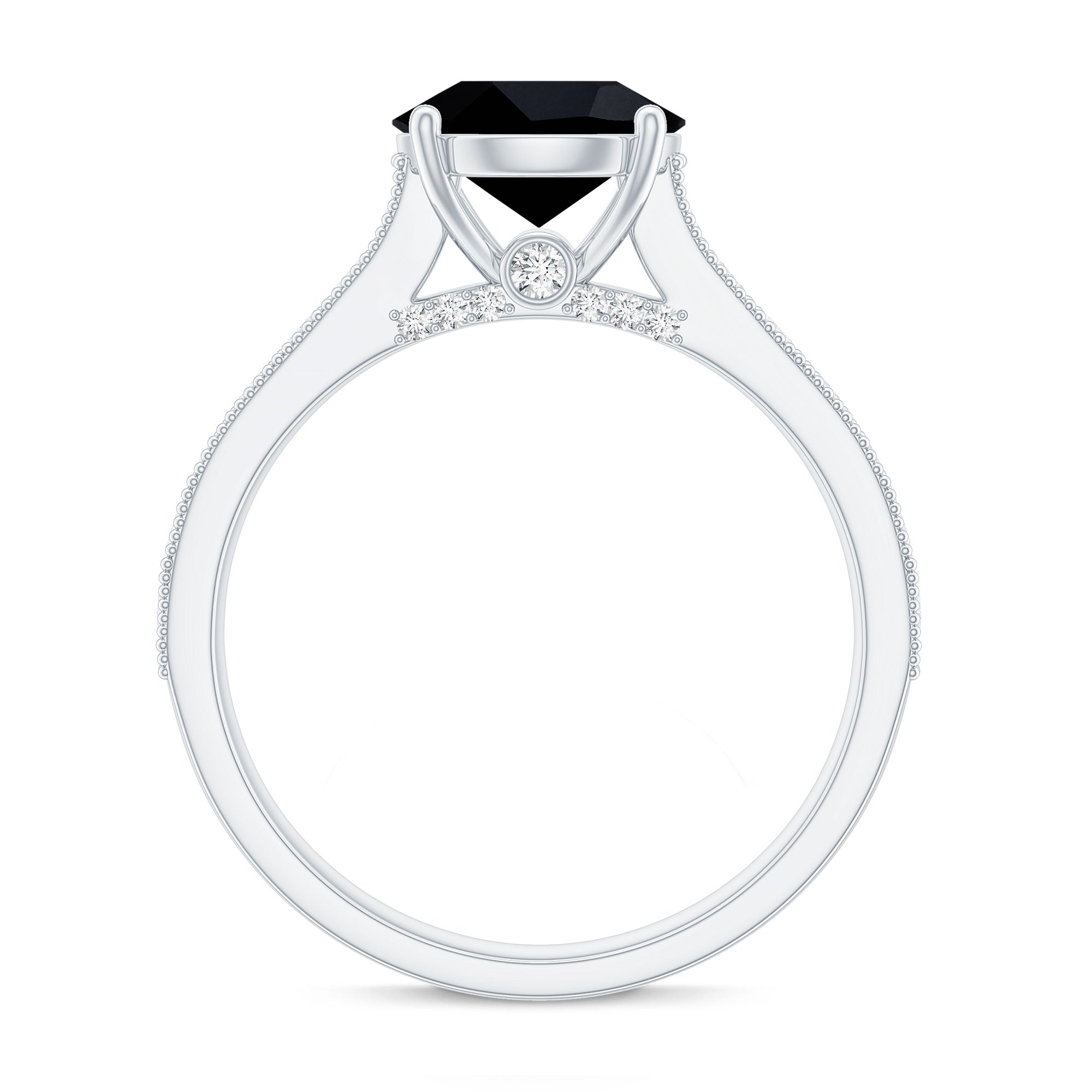 Natural Black Spinel Solitaire Engagement Ring with Diamond Side Stones AAA - Rosec Jewels