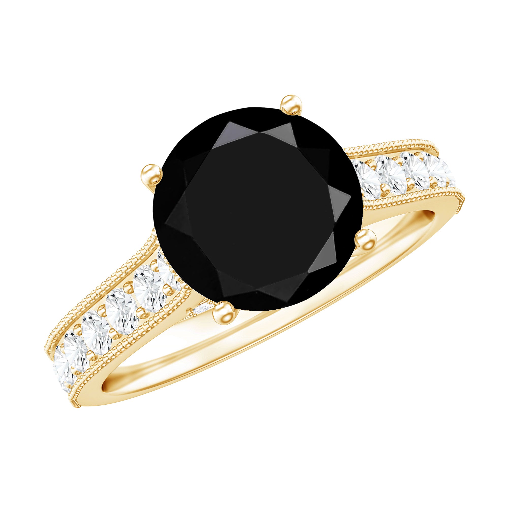 Natural Black Spinel Solitaire Engagement Ring with Diamond Side Stones AAA - Rosec Jewels