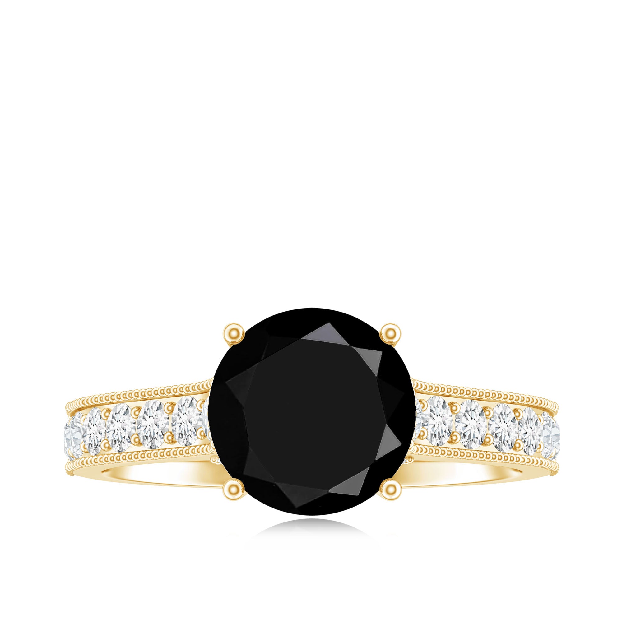 Natural Black Spinel Solitaire Engagement Ring with Diamond Side Stones AAA - Rosec Jewels