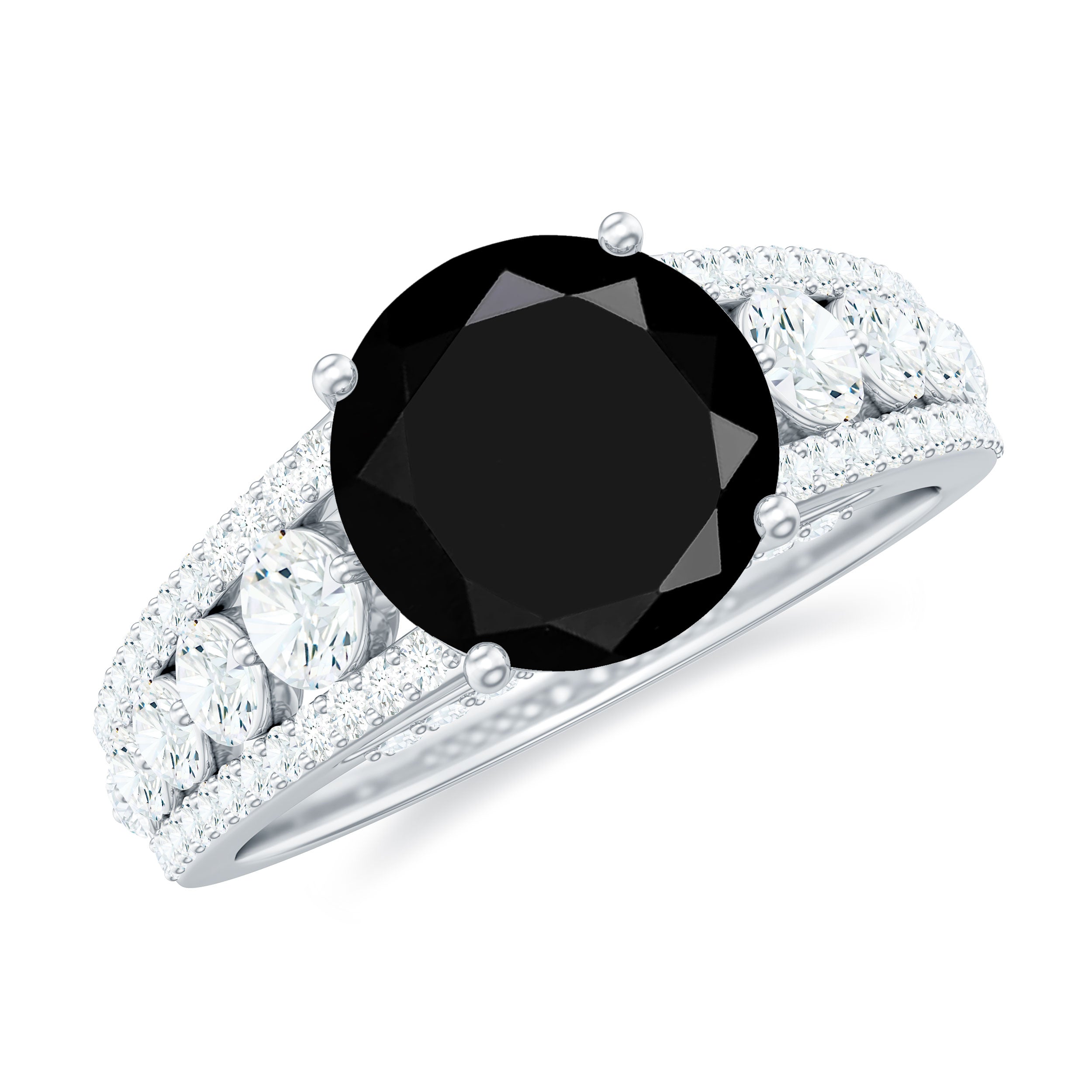 8mm Round Black Onyx Statement Engagement Ring with Moissanite Side Stones