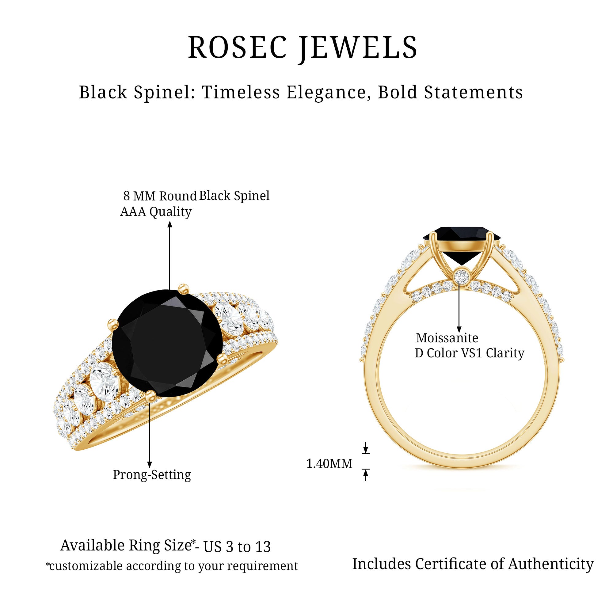 Real 2.5 Carat Black Spinel Engagement Ring with Moissanite Side Stones AAA - Rosec Jewels