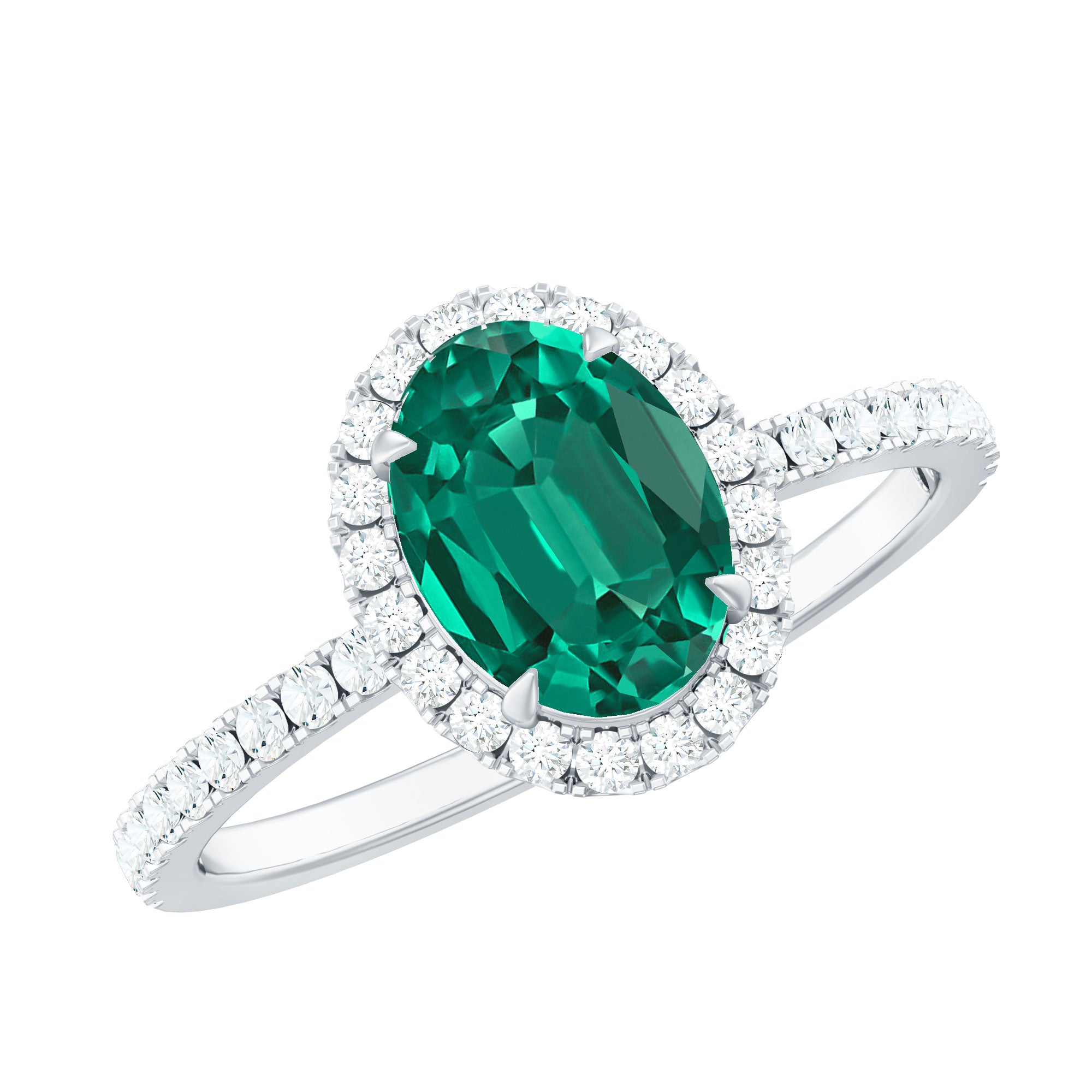 6x8mm Oval Cut Lab Created Emerald Halo Engagement Ring with Diamond