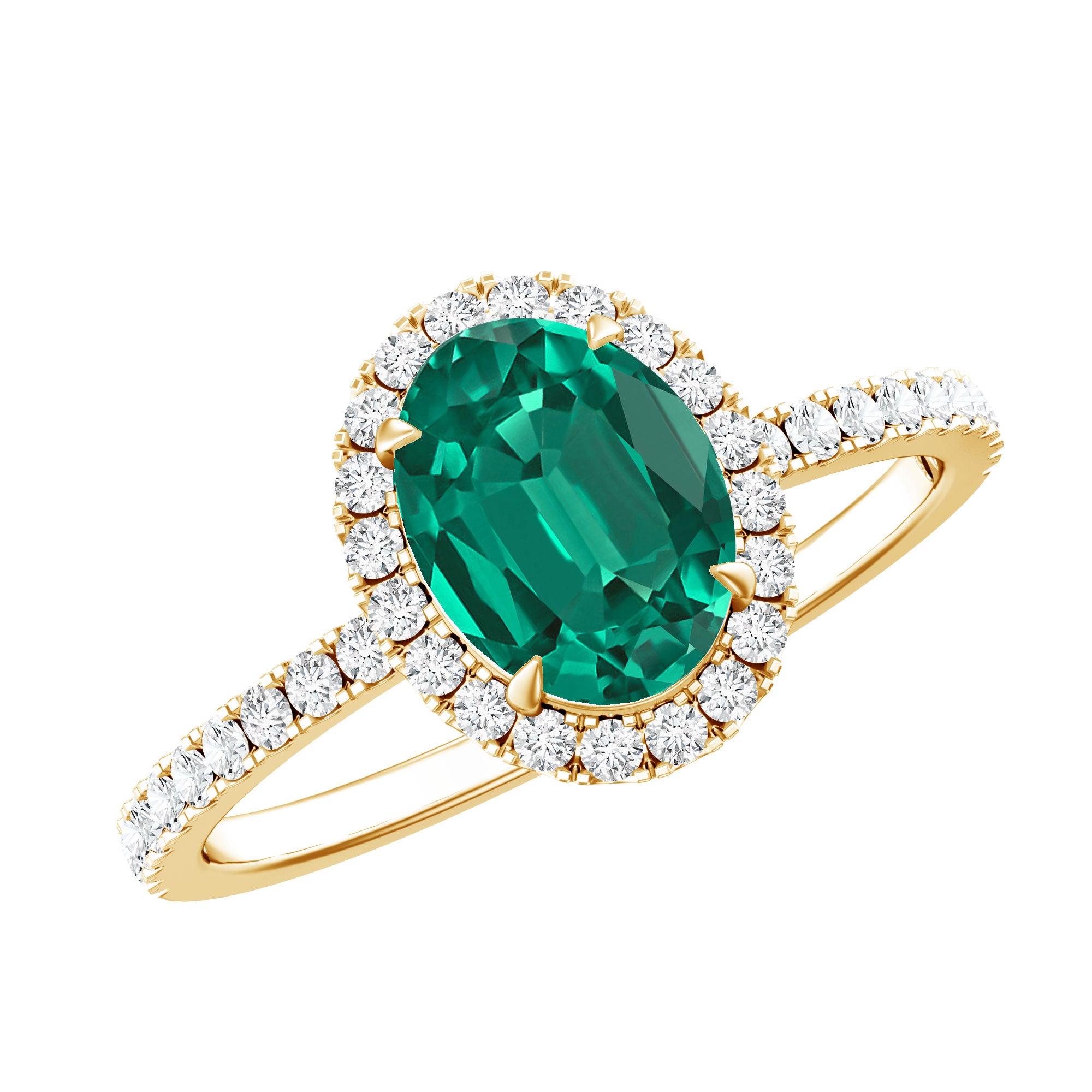 6x8mm Oval Cut Lab Created Emerald Halo Engagement Ring with Diamond AAAA - Rosec Jewels