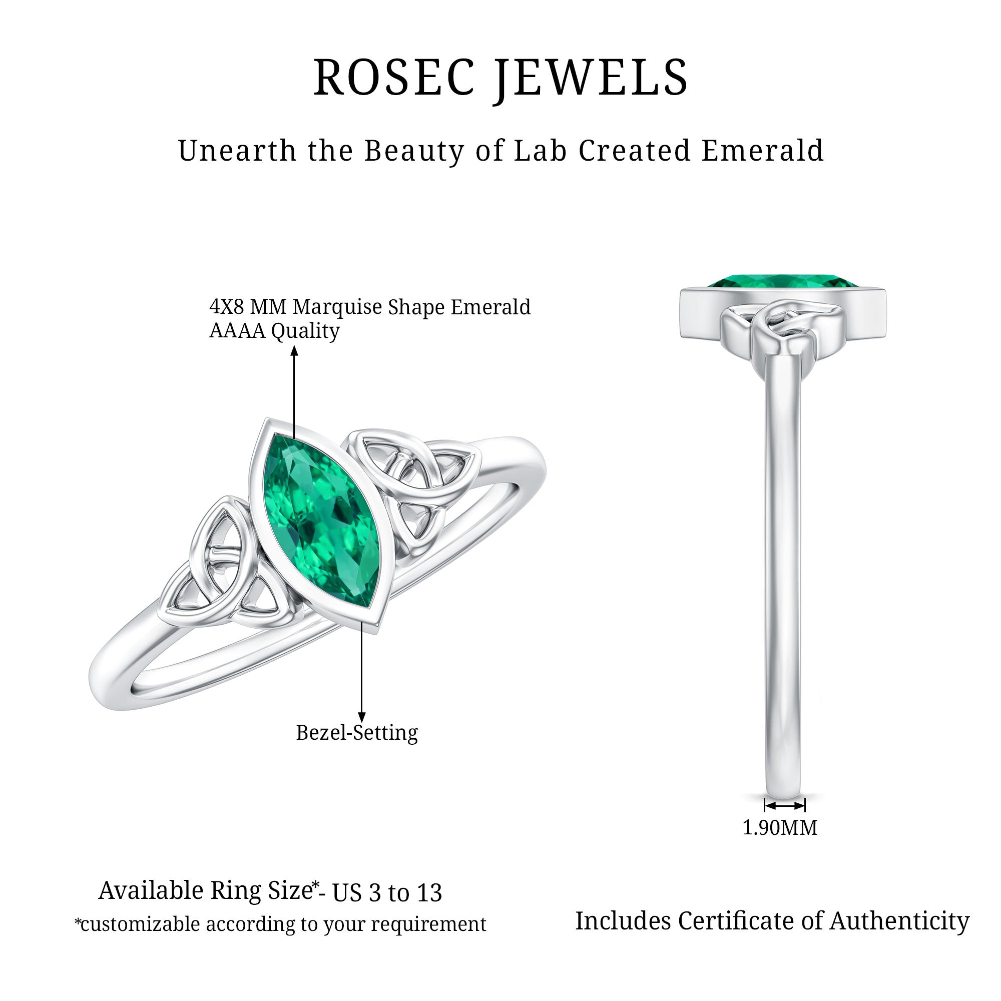 Certified 0.6 Carat Lab Grown Emerald Marquise Promise Ring with Celtic Knot AAAA - Rosec Jewels