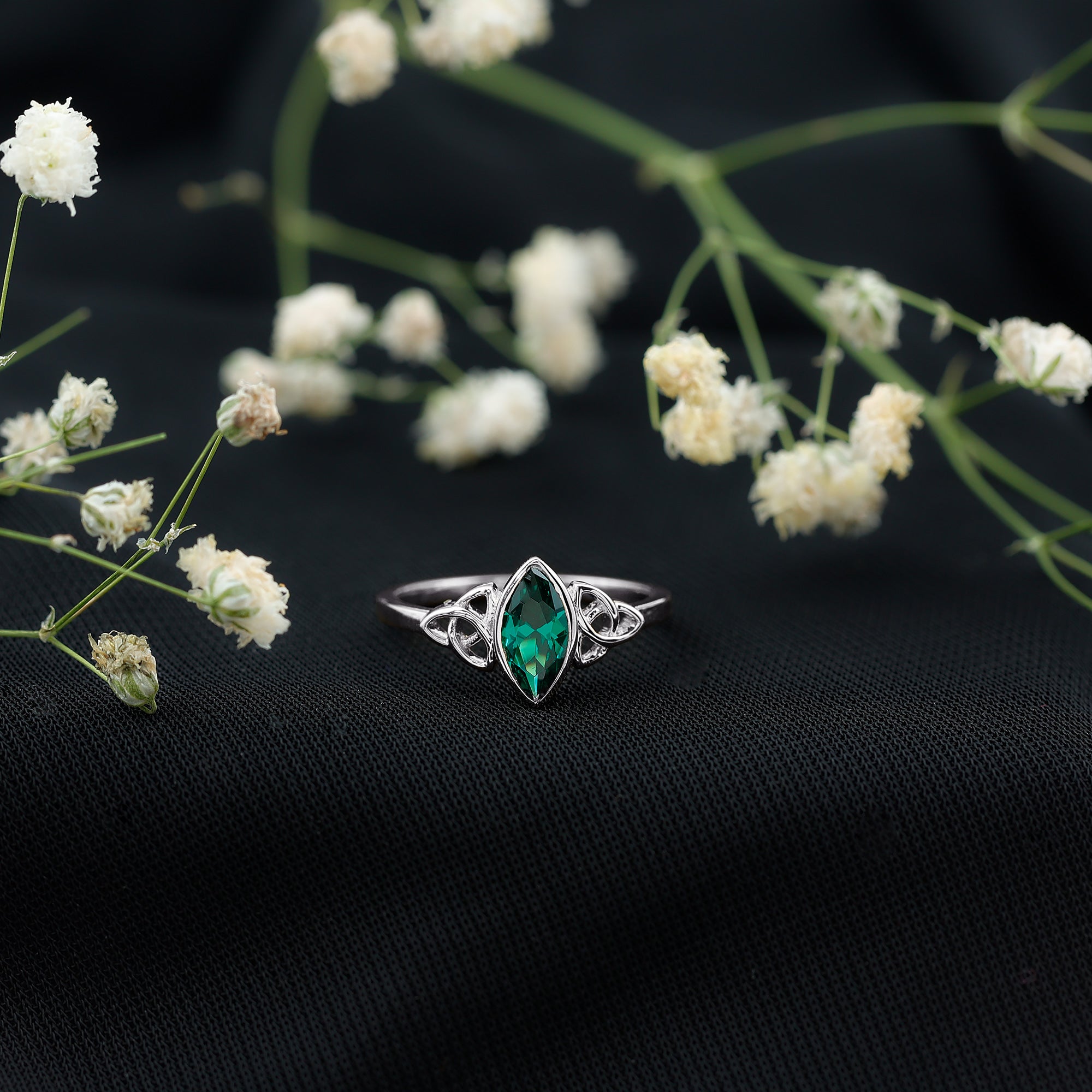 Certified 0.6 Carat Lab Grown Emerald Marquise Promise Ring with Celtic Knot AAAA - Rosec Jewels