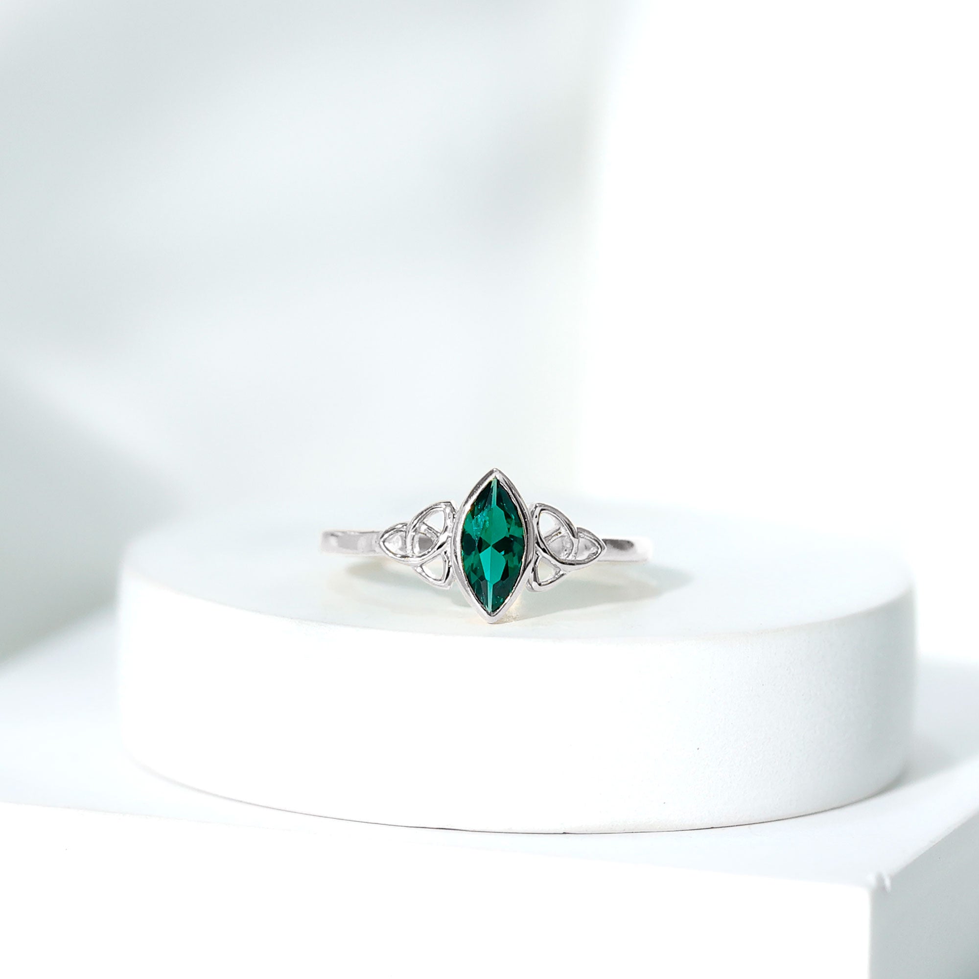 Certified 0.6 Carat Lab Grown Emerald Marquise Promise Ring with Celtic Knot AAAA - Rosec Jewels
