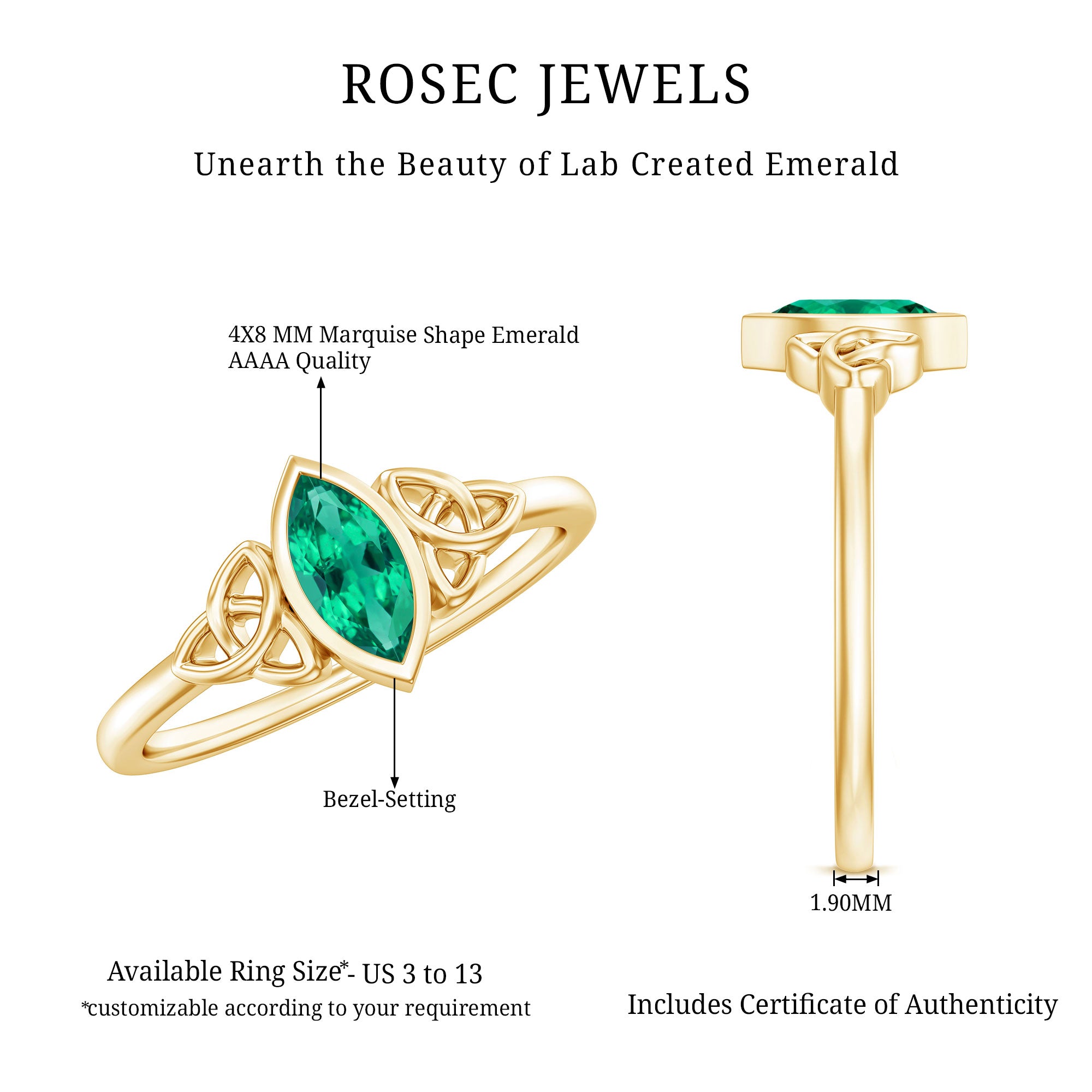 Certified 0.6 Carat Lab Grown Emerald Marquise Promise Ring with Celtic Knot AAAA - Rosec Jewels