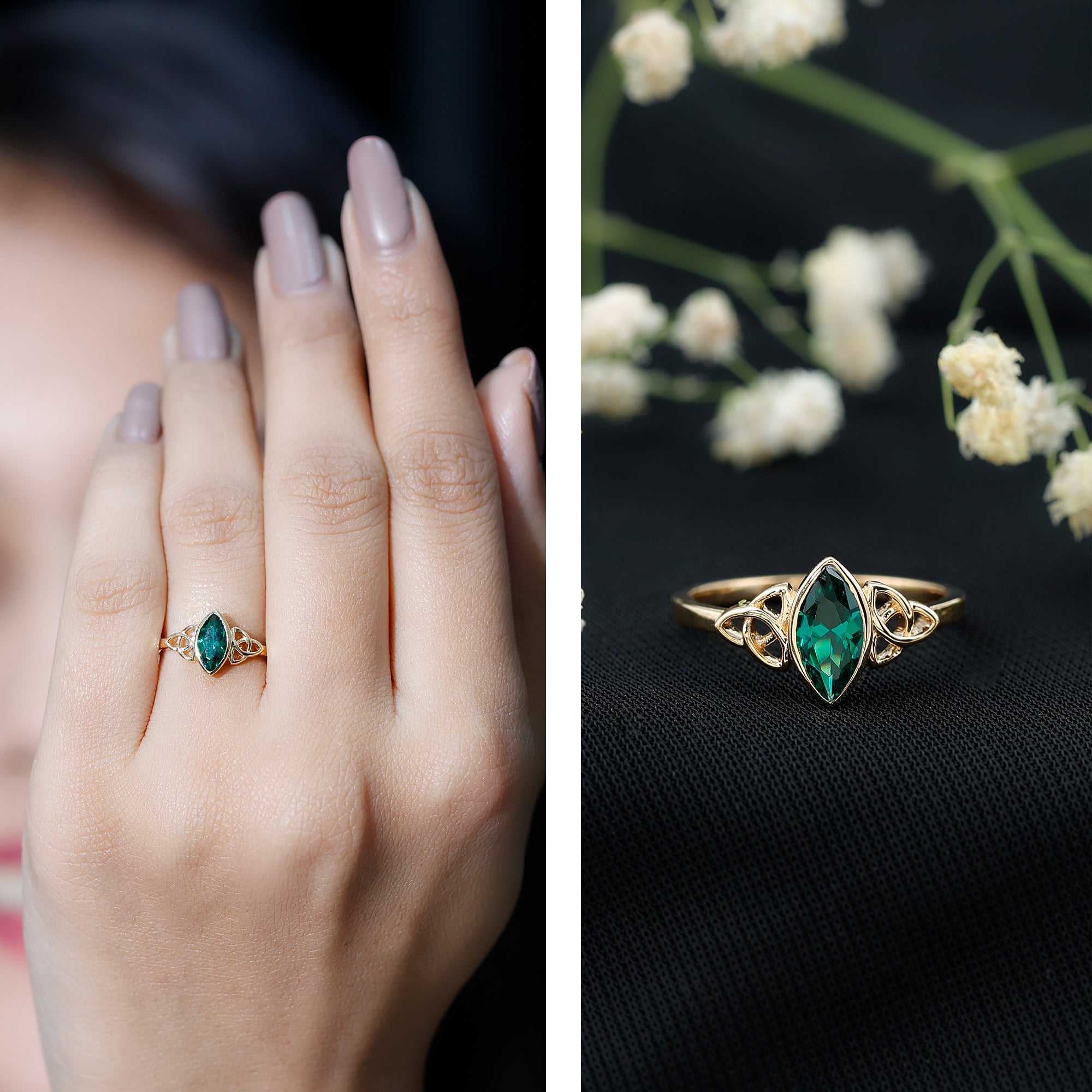 Certified 0.6 Carat Lab Grown Emerald Marquise Promise Ring with Celtic Knot AAAA - Rosec Jewels