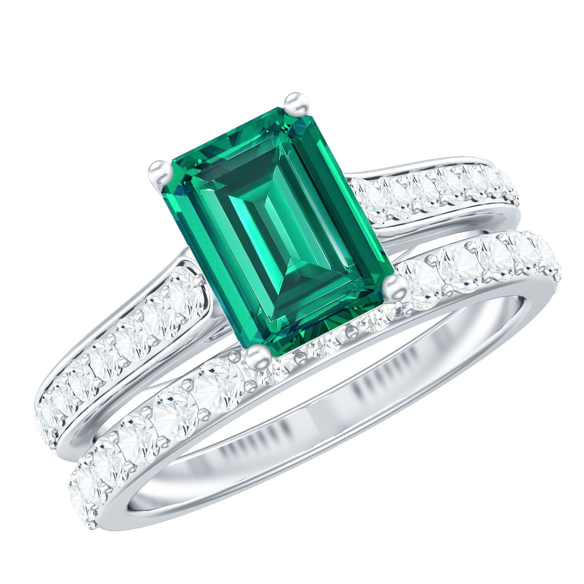 Lab Grown 6X8 mm Emerald Cut Emerald Engagement Ring with Wedding Band