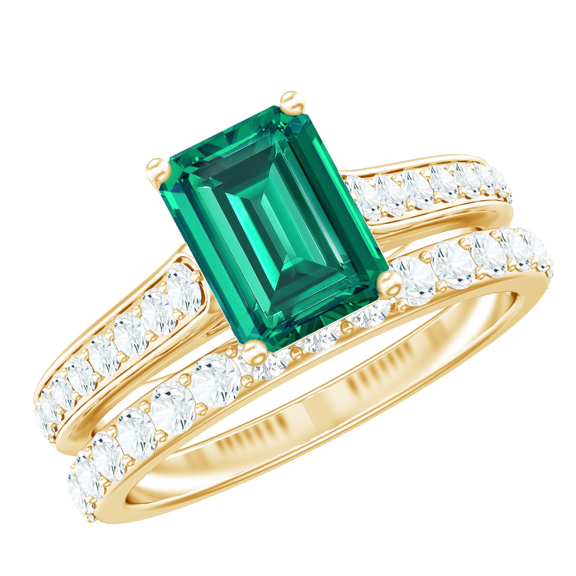 Lab Grown 6X8 mm Emerald Cut Emerald Engagement Ring with Wedding Band AAAA - Rosec Jewels