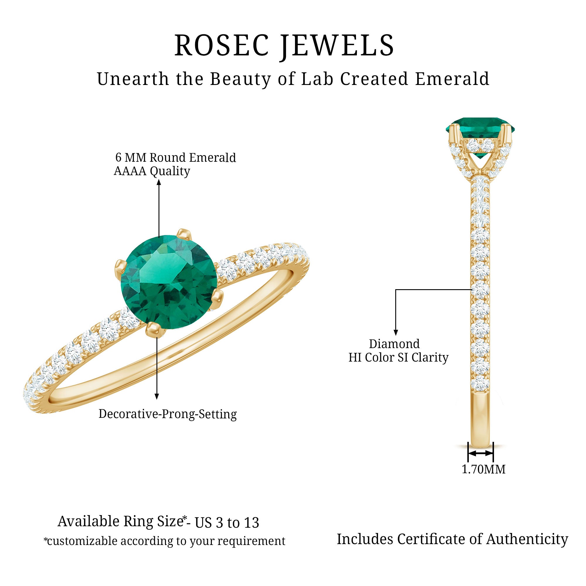 Certified Lab Grown Emerald Solitaire Engagement Ring with Diamond AAAA - Rosec Jewels