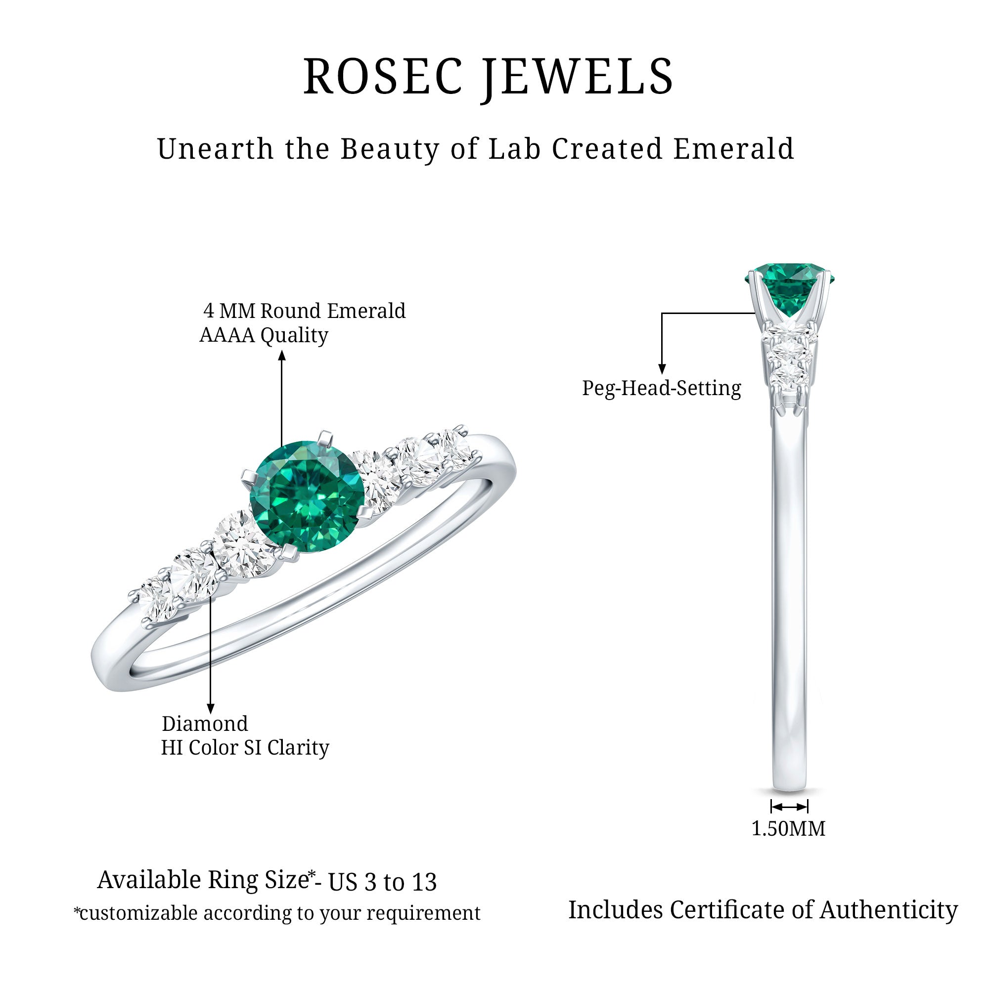 Round Lab Grown Emerald Diamond Promise Ring with Certificate AAAA - Rosec Jewels