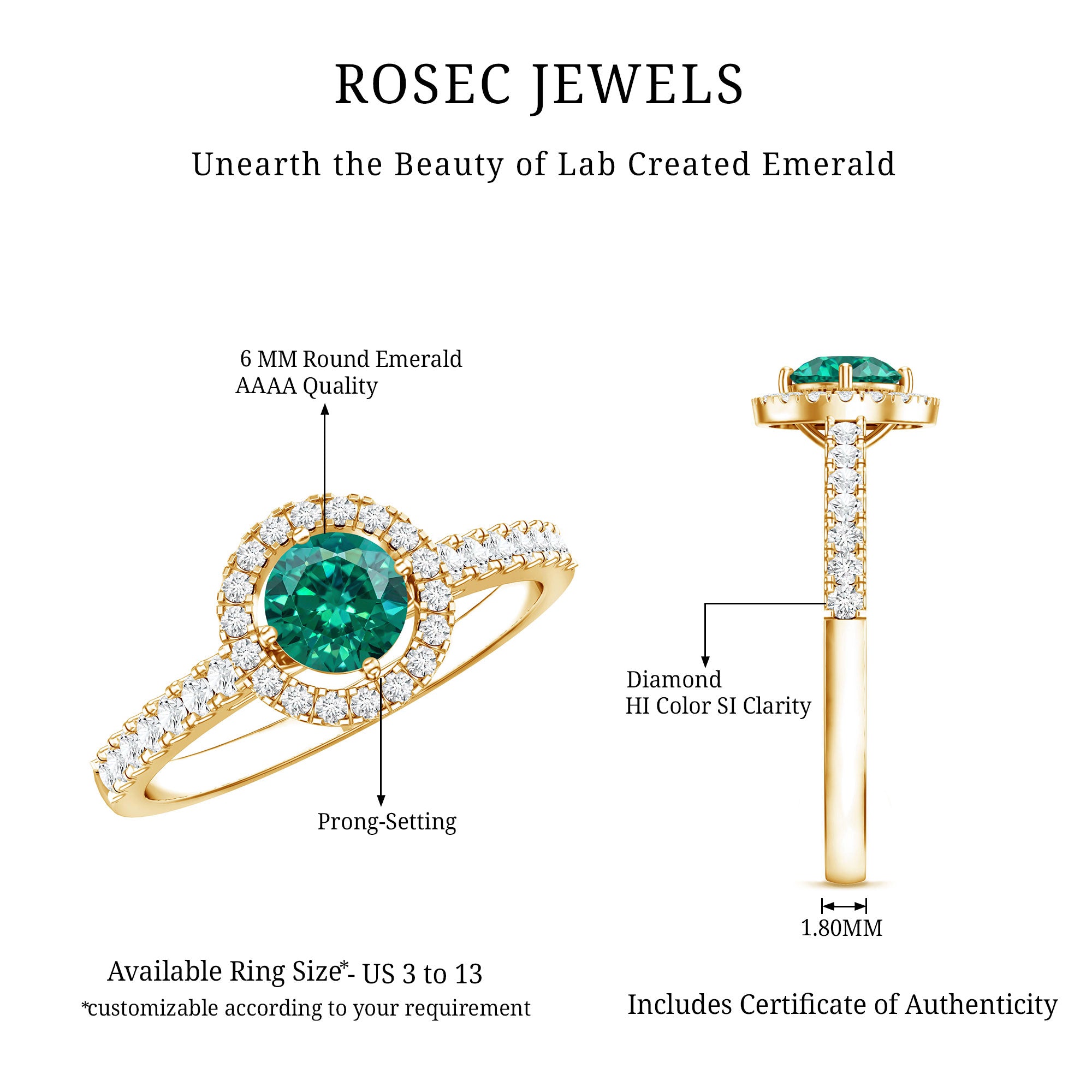 Certified Lab Grown Emerald Diamond Halo Engagement Ring AAAA - Rosec Jewels