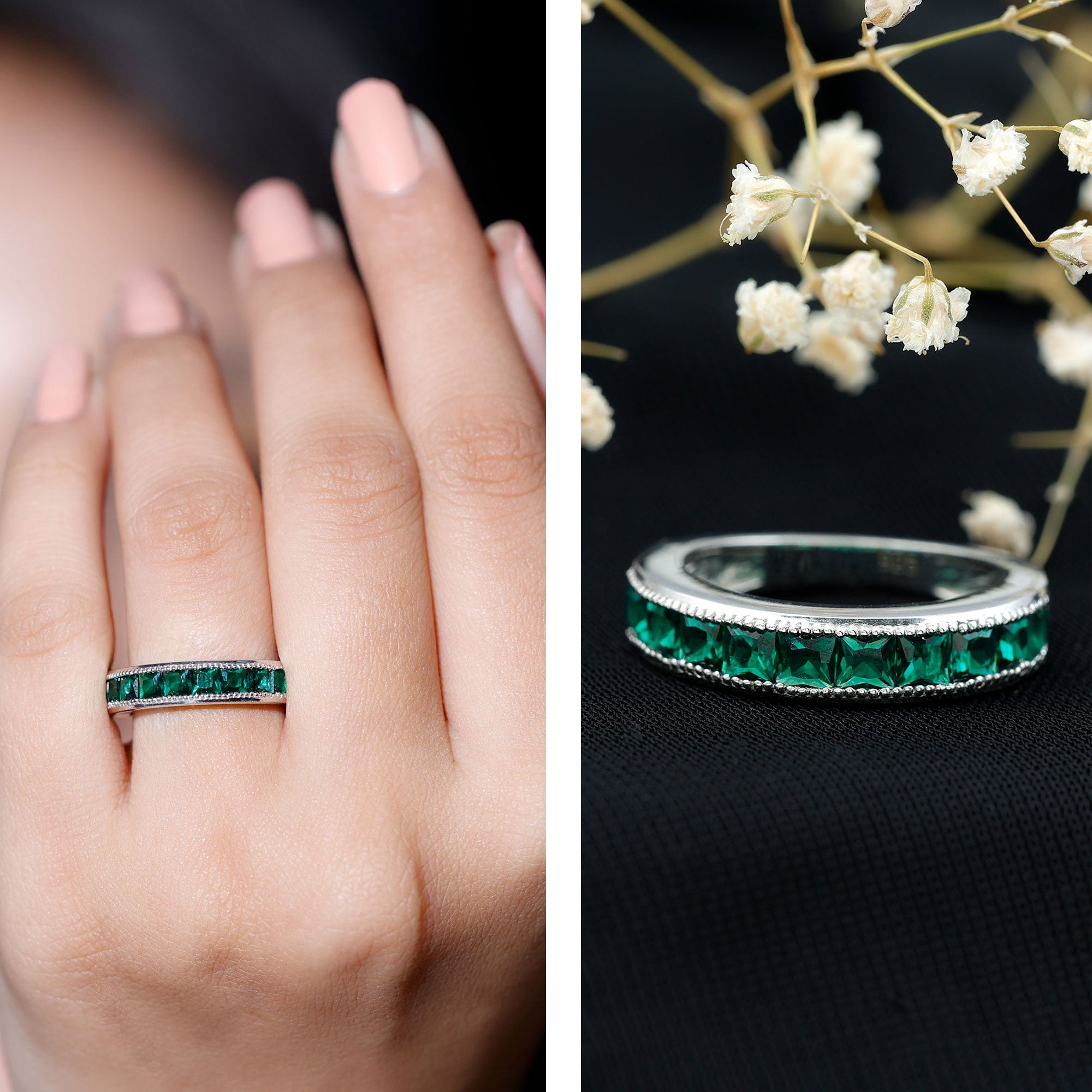 Princess Cut Lab Created Emerald Half Eternity Band AAAA - Rosec Jewels