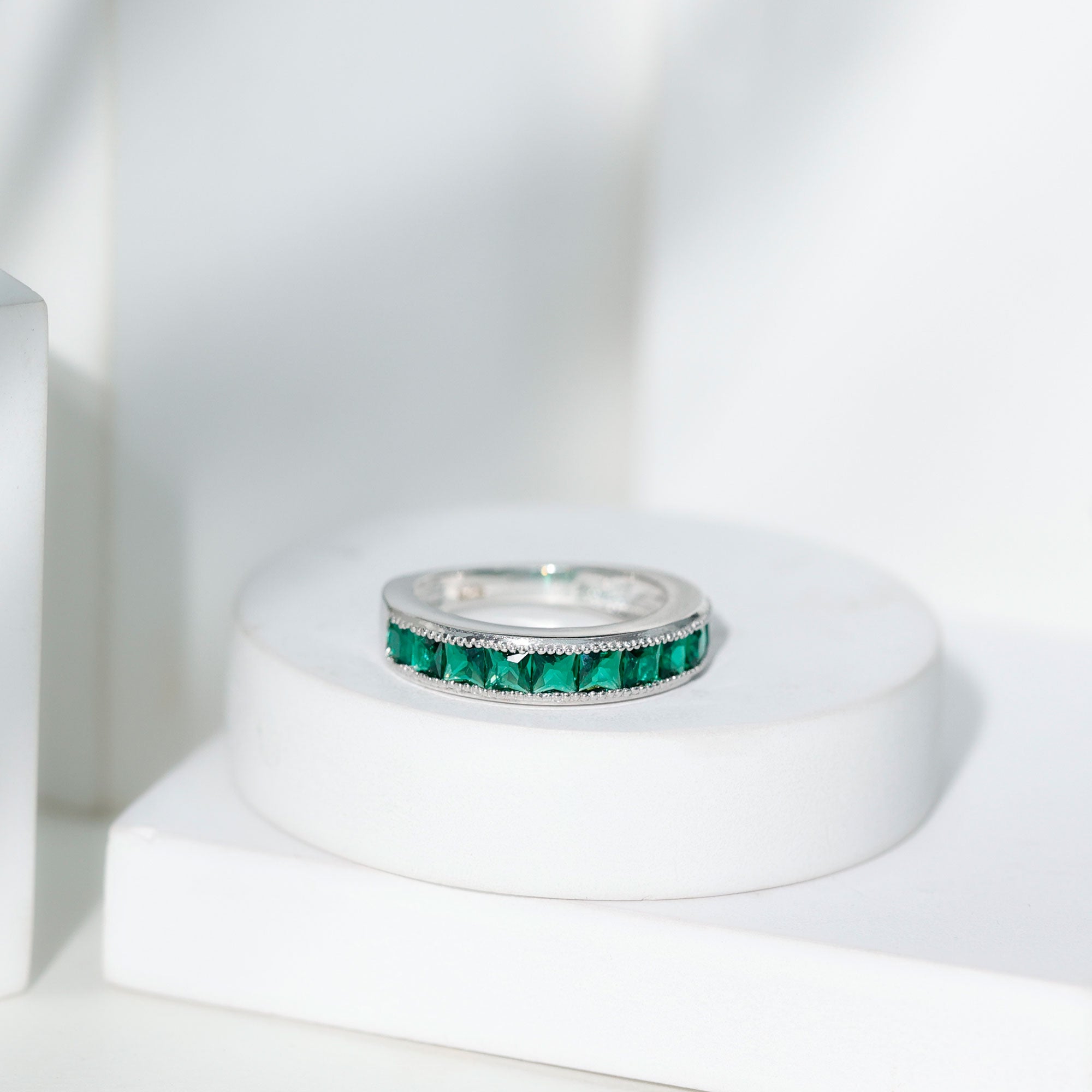 Princess Cut Lab Created Emerald Half Eternity Band AAAA - Rosec Jewels