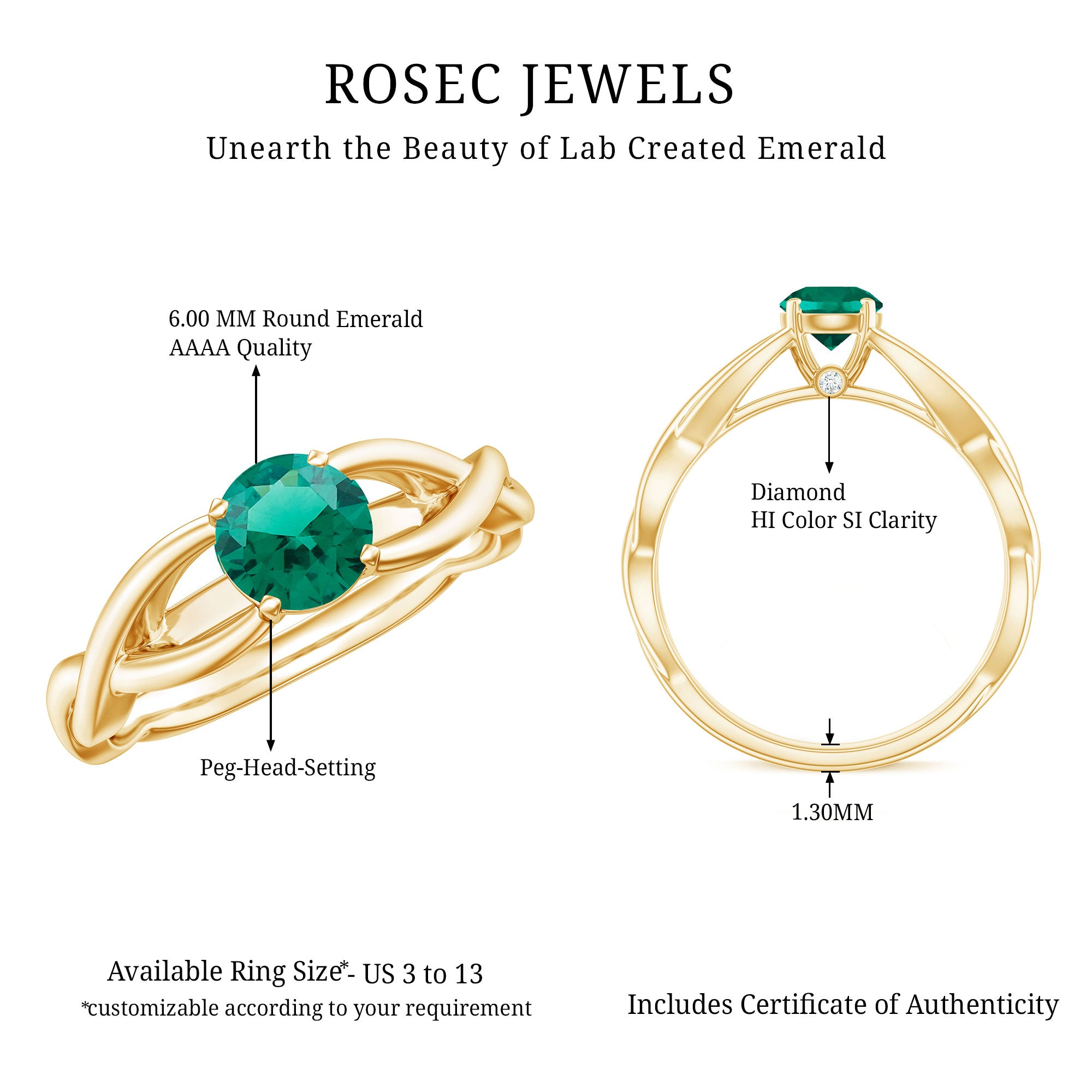 Rosec Jewels-Certified Lab Grown Emerald Crossover Ring with Diamond