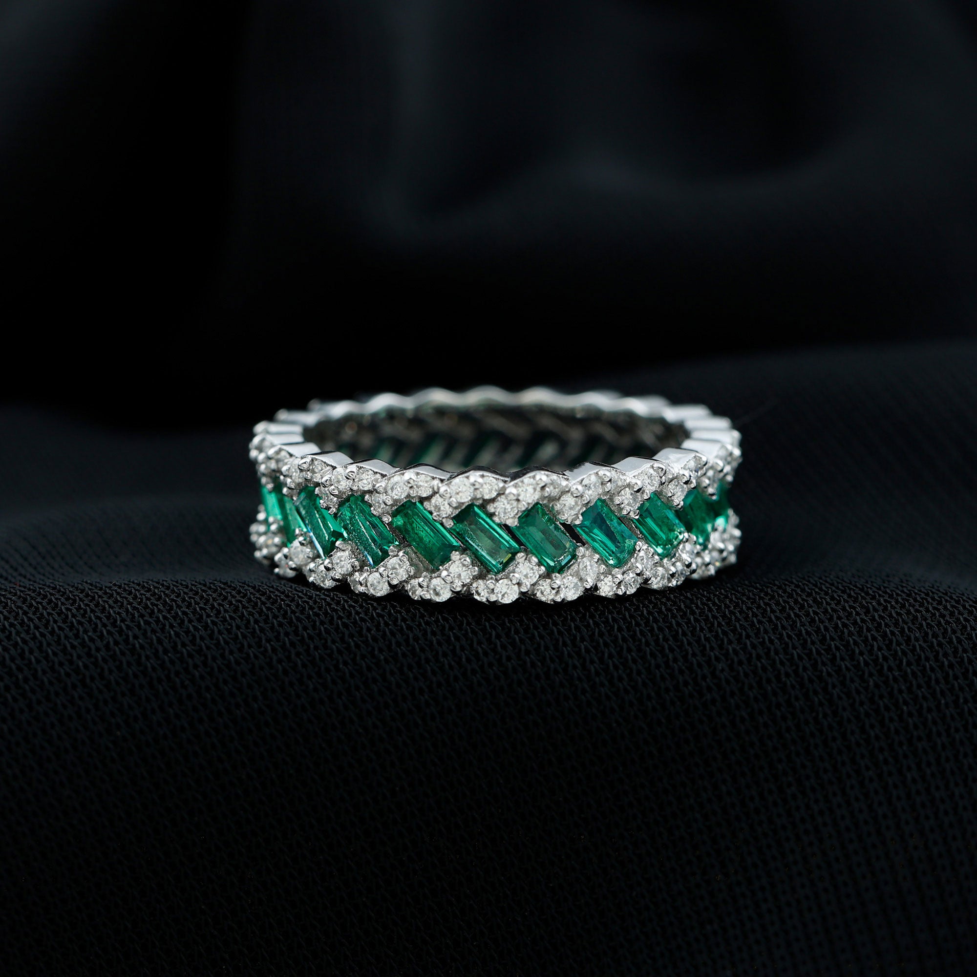 Certified Baguette Lab Grown Emerald Braided Wedding Band with Moissanite AAAA - Rosec Jewels
