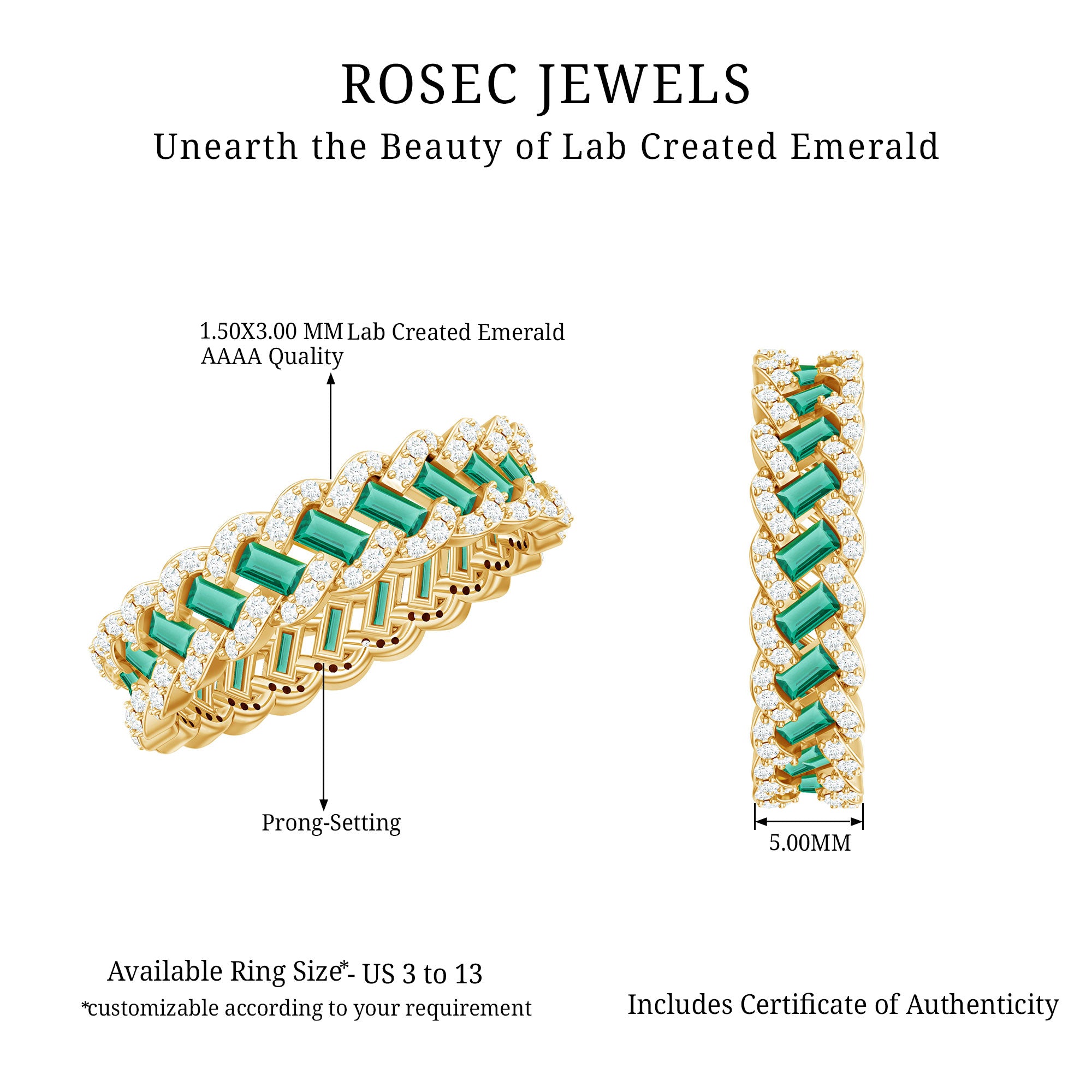Certified Baguette Lab Grown Emerald Braided Wedding Band with Moissanite AAAA - Rosec Jewels